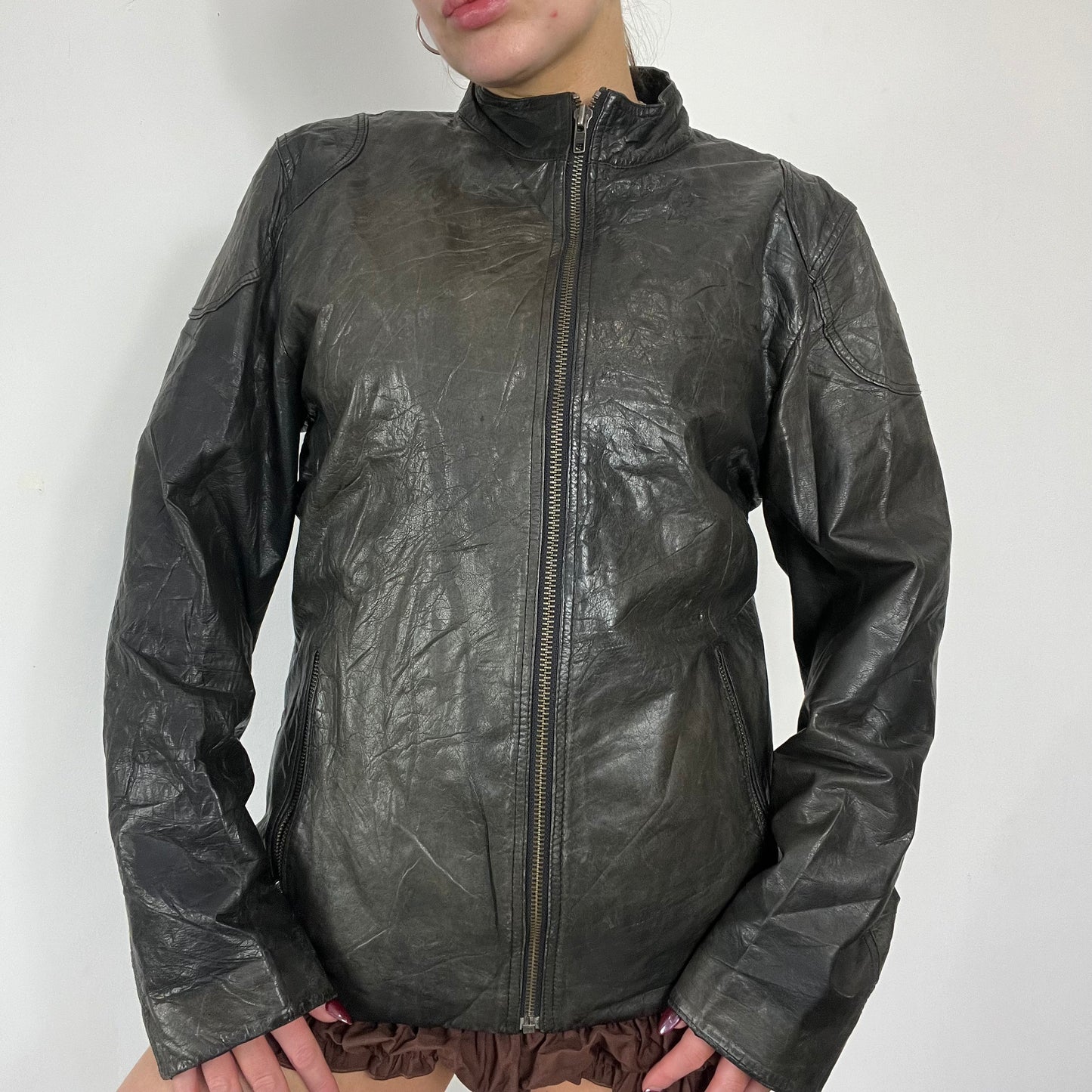 90s black washed leather jacket - Size M