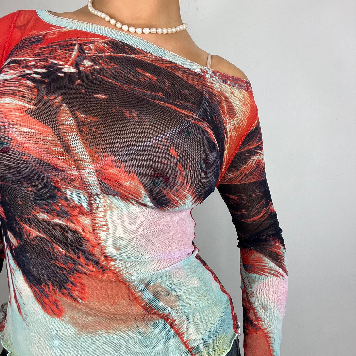 Long Sleeve Jean Paul Gaultier Graphic Lettuce Hem Mesh Top