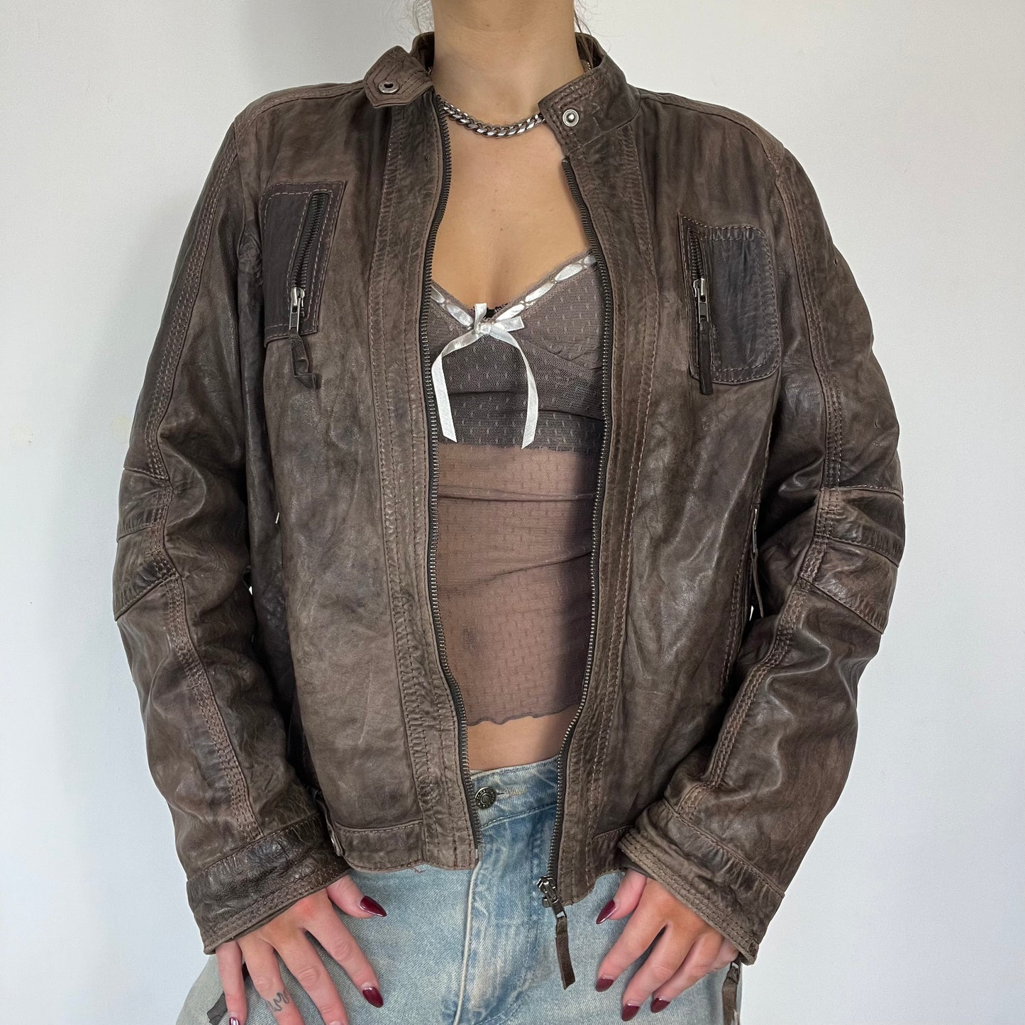 90s brown distressed zipper leather jacket - Size L