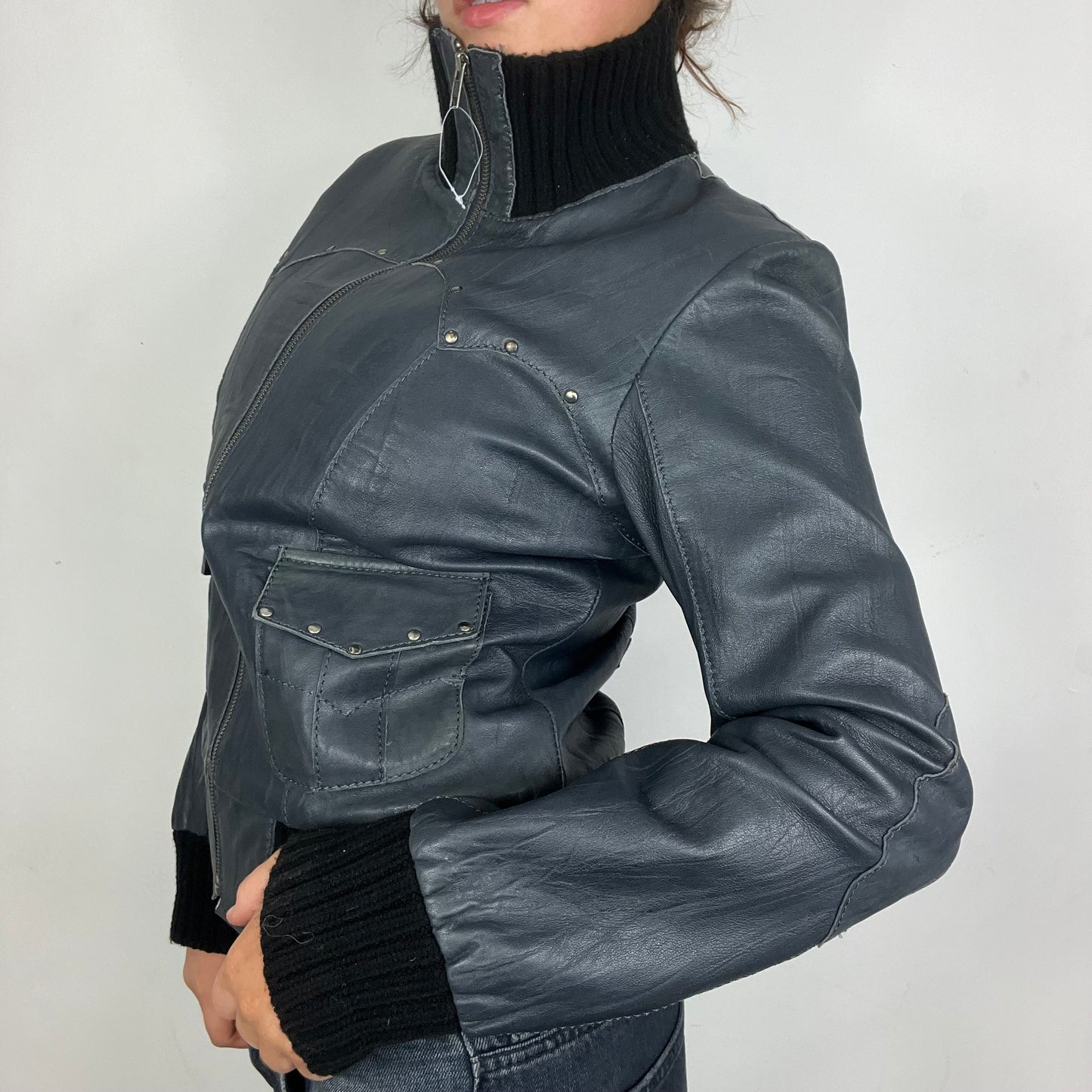 Y2K High Neck Leather Jacket