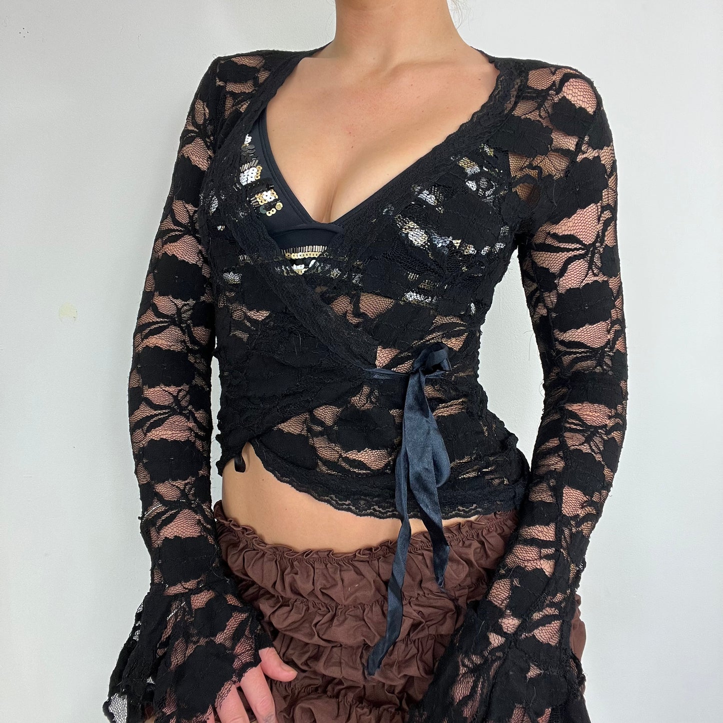 00s vintage lace wrap flare sleeve top - Size S