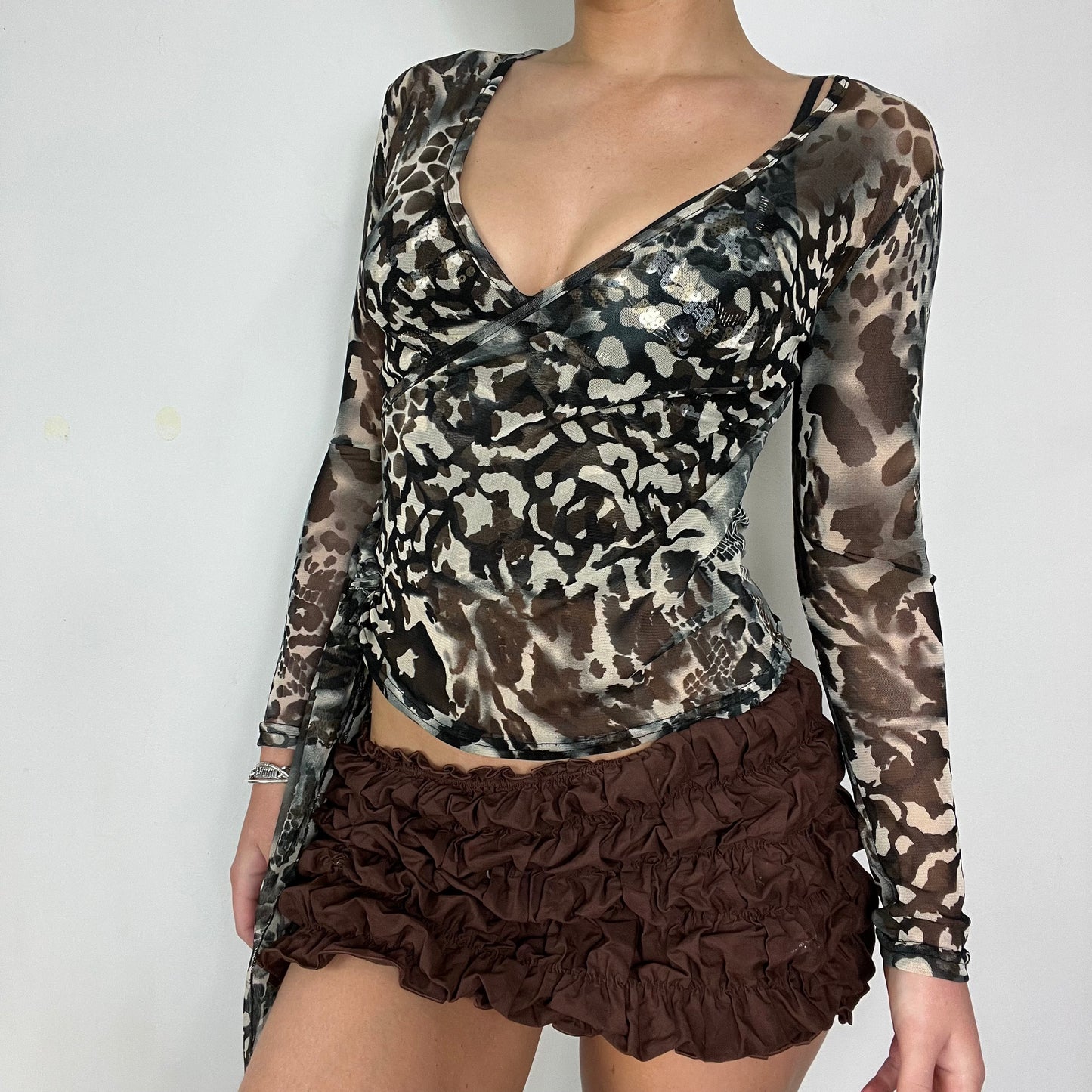 00s vintage leopard mesh wrap top - Size S