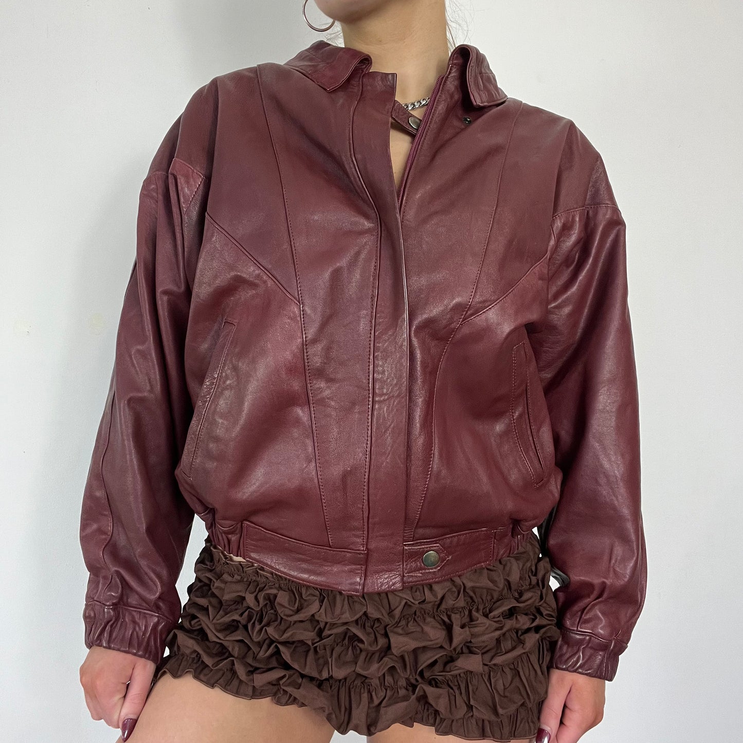 90s burgundy real leather bomber jacket - Size M