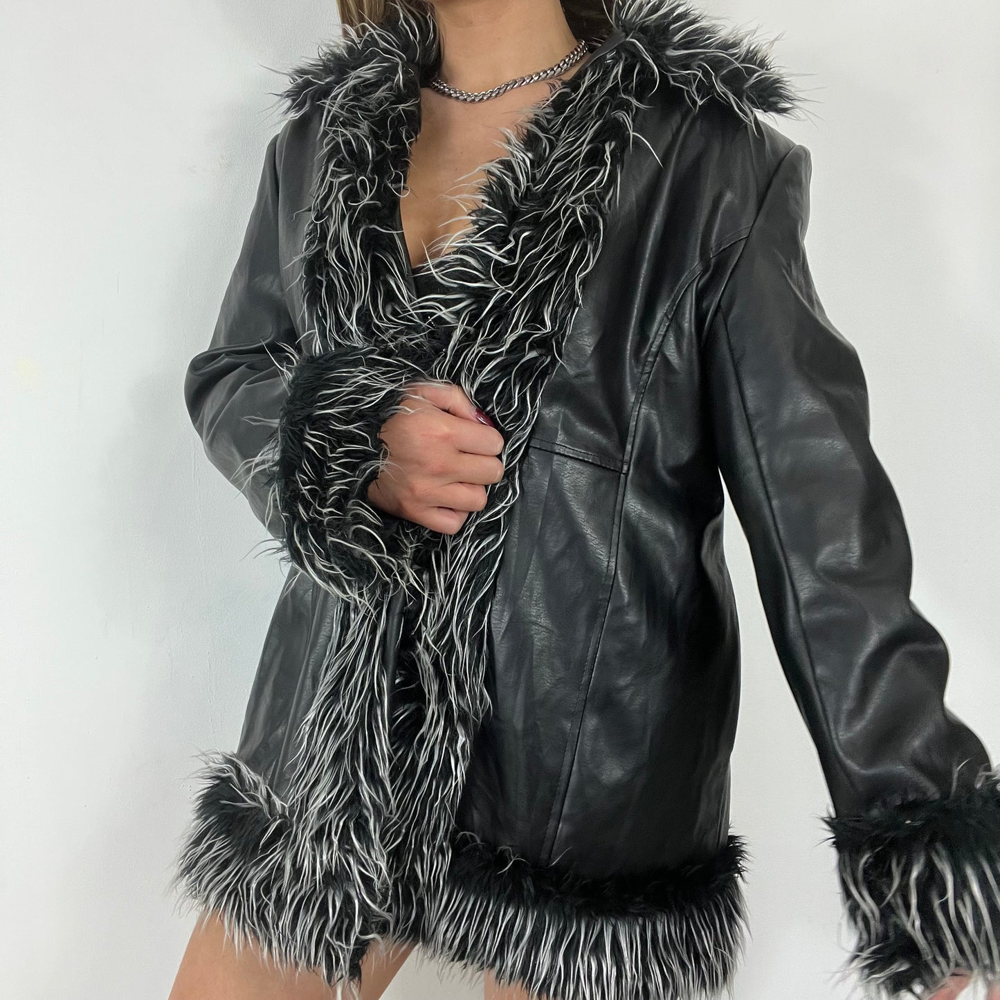 Vintage y2k leather fur trim afghan coat - Size L