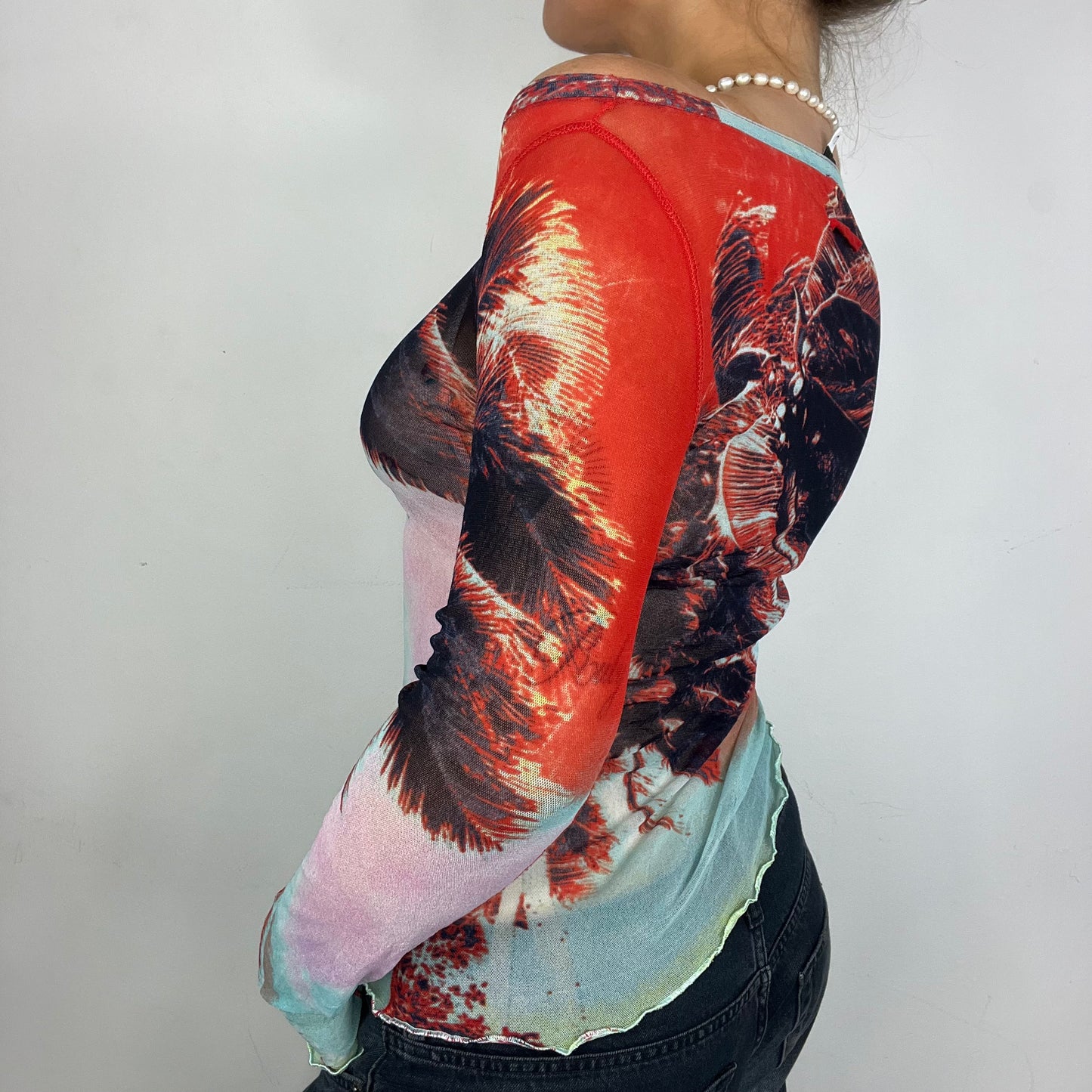 Long Sleeve Jean Paul Gaultier Graphic Lettuce Hem Mesh Top