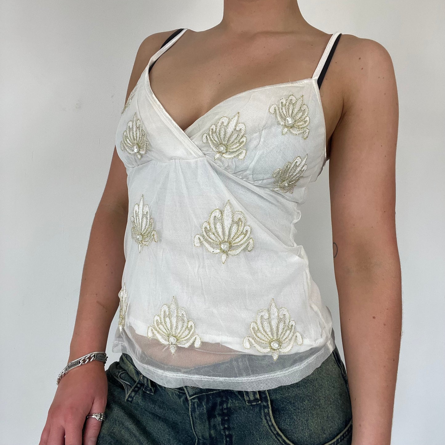 Y2K white cami embroidered top - Size S