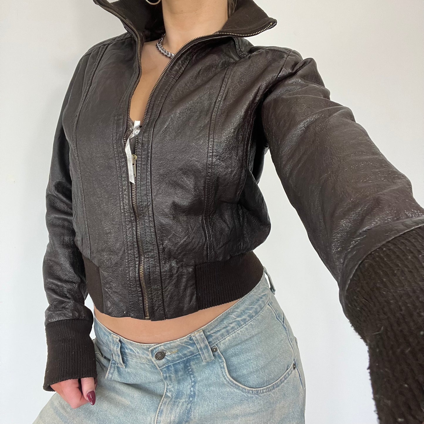 90s brown real leather bomber jacket - Size S