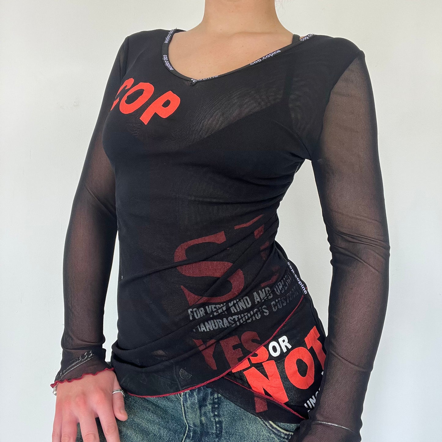 90s Cop Copine mesh graphic print long sleeve top - Size S