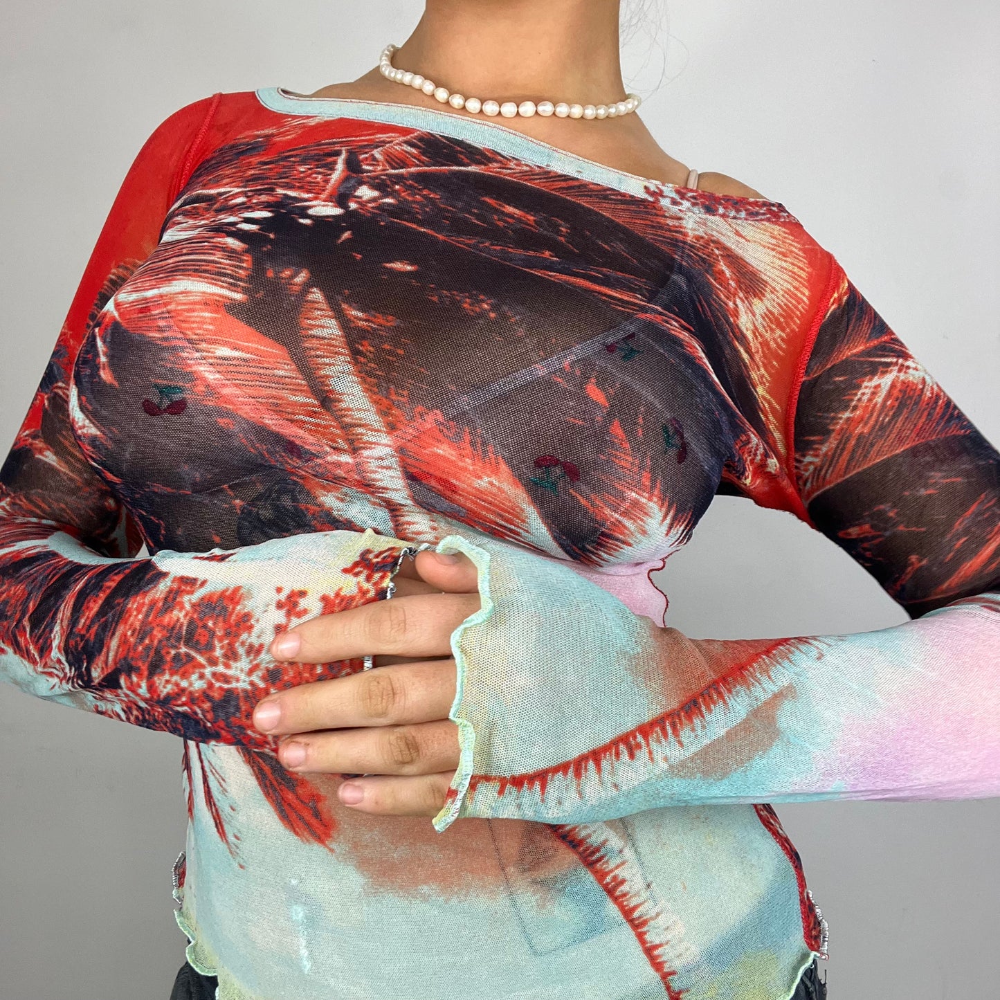 Long Sleeve Jean Paul Gaultier Graphic Lettuce Hem Mesh Top