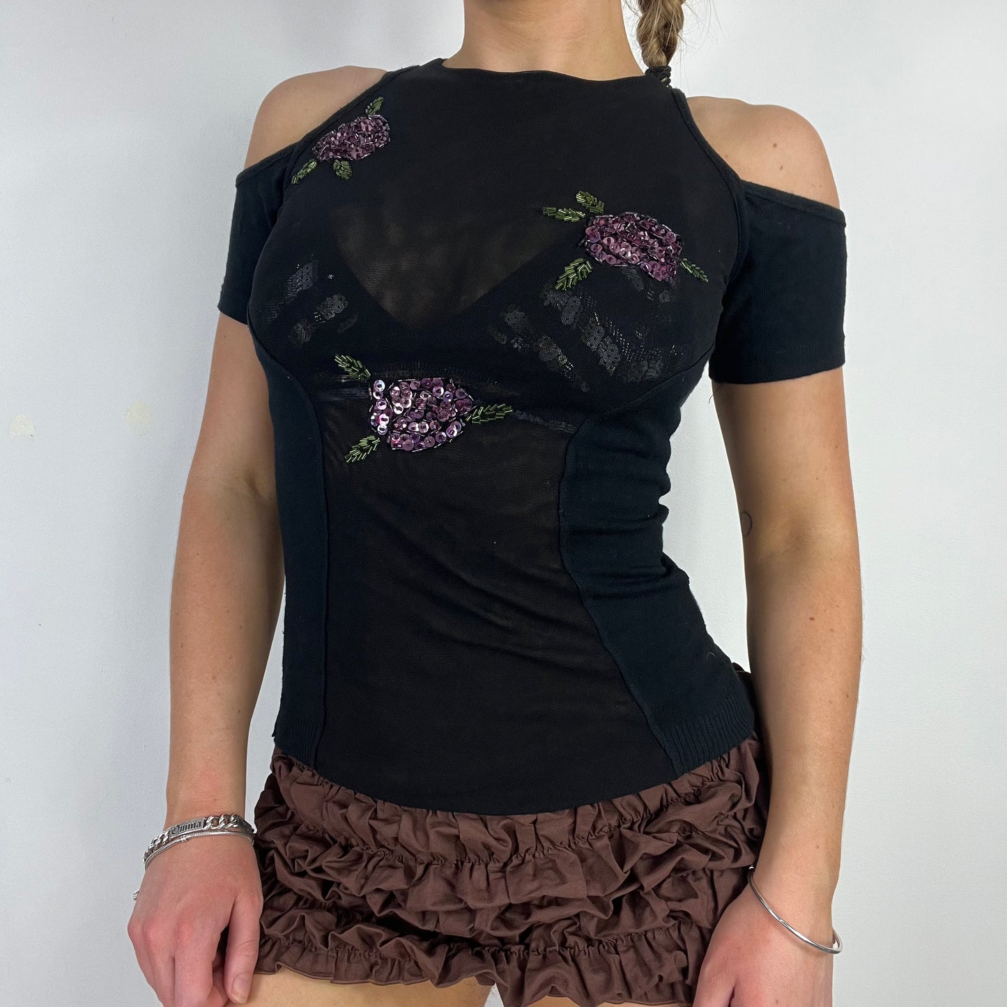 00s black knit mesh sequin top - Size S
