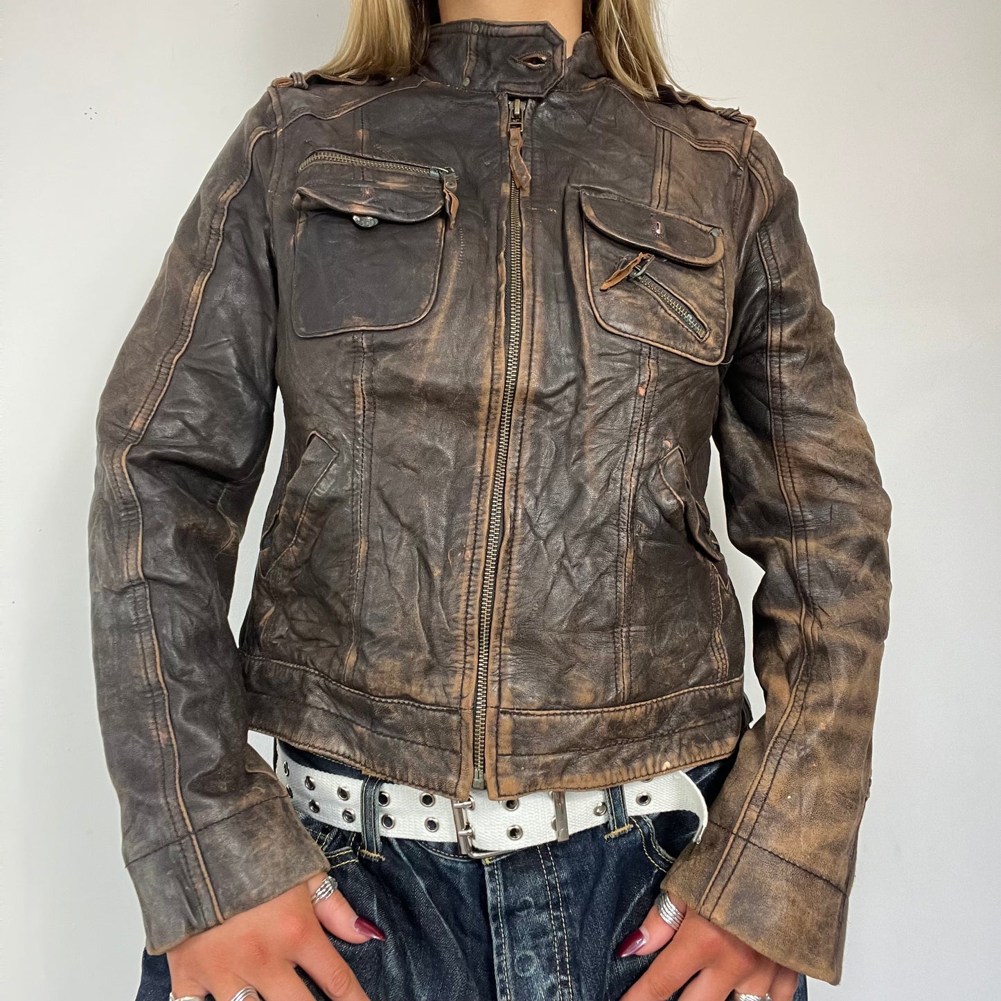 90s real leather distressed jacket - Size S/M