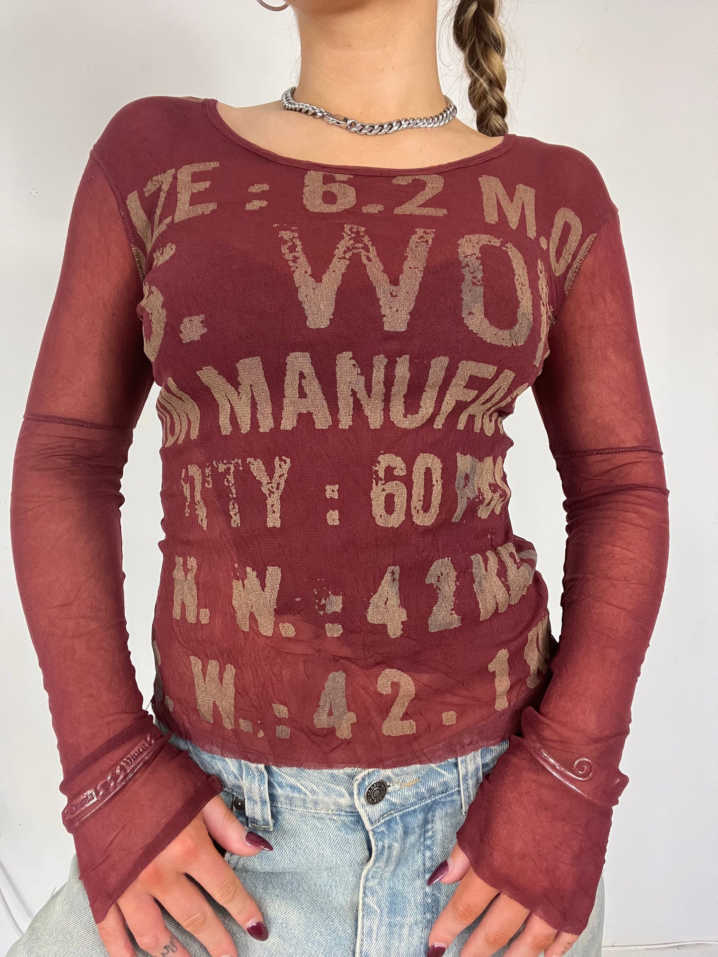 Burgundy graphic print mesh long sleeve - Size S