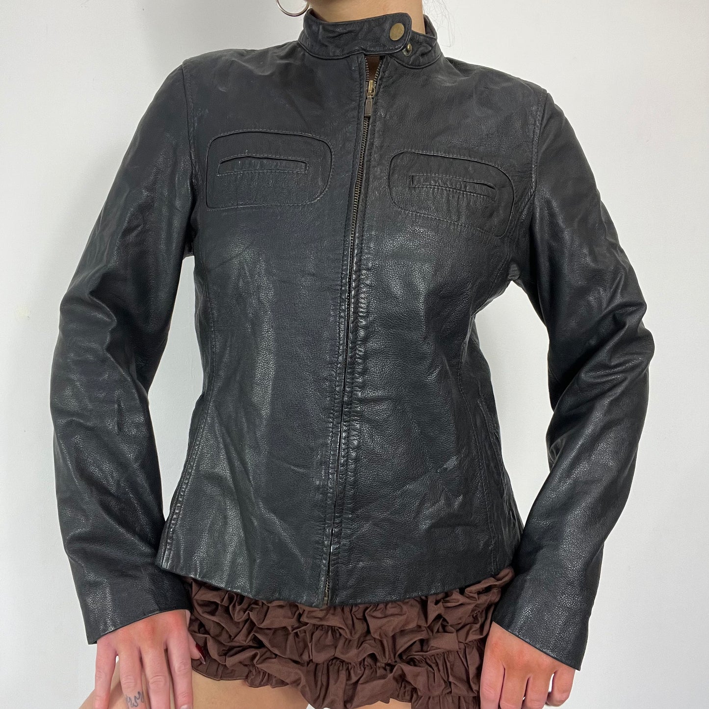 90s black leather moto jacket - Size M