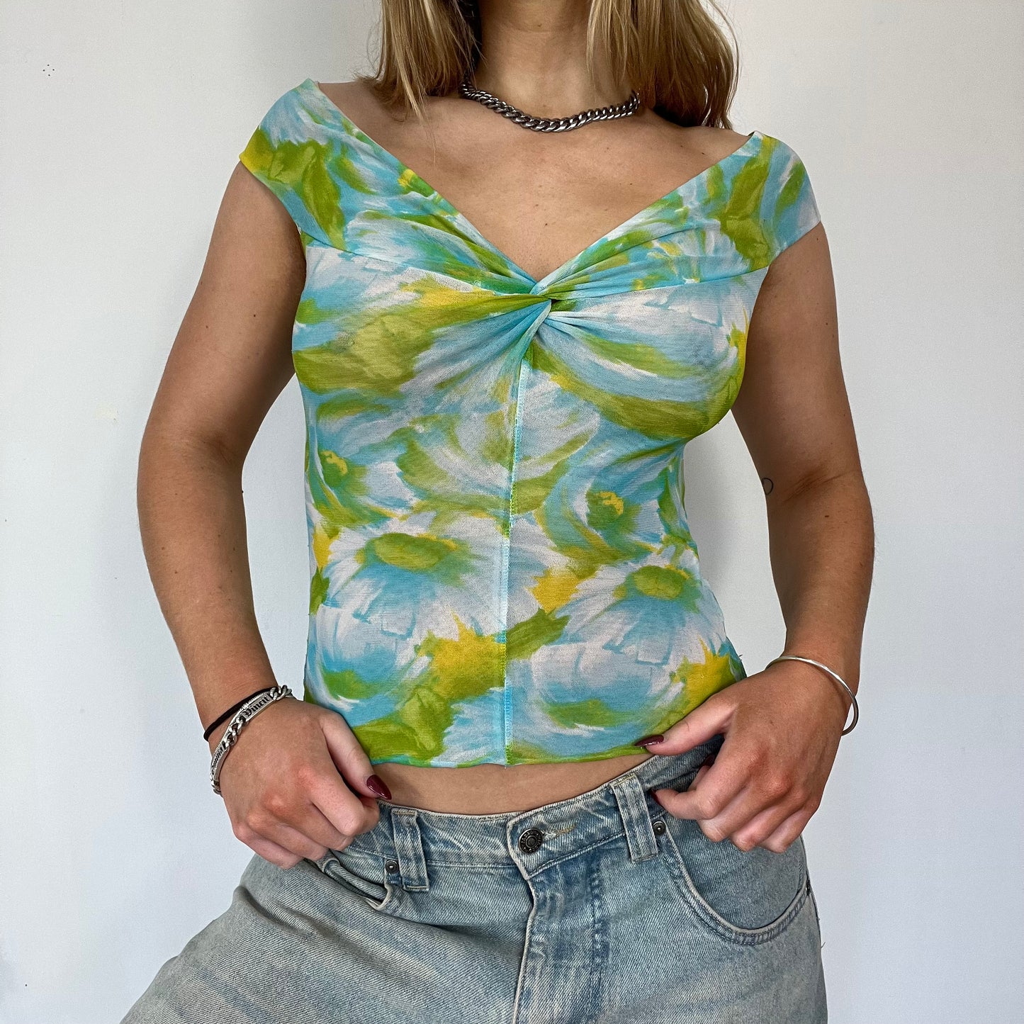 90s graphic print mesh tie top - Size S