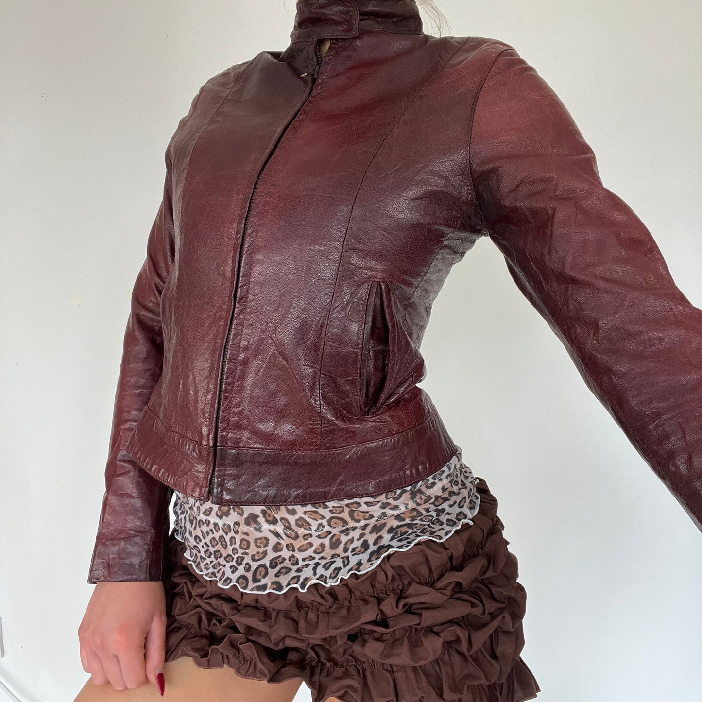 90s burgundy real leather jacket - Size S
