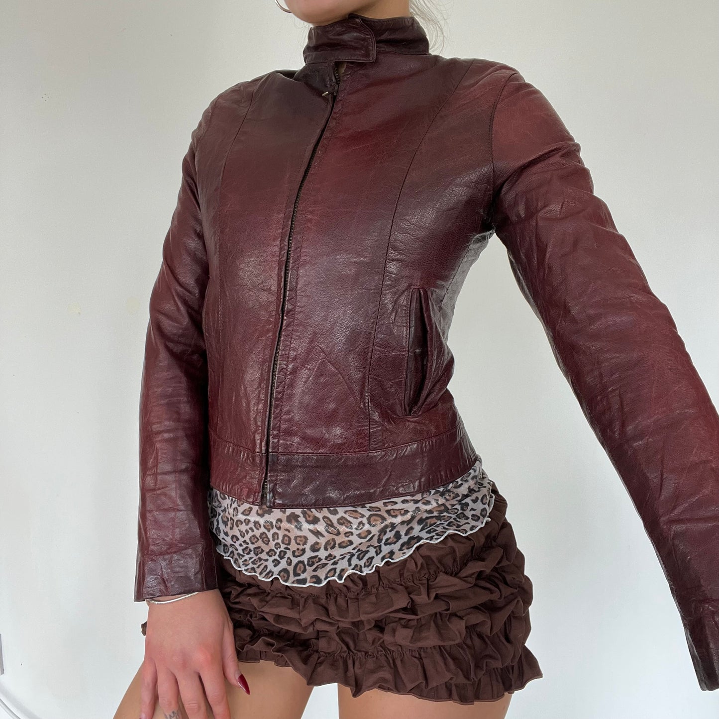 90s burgundy real leather jacket - Size S