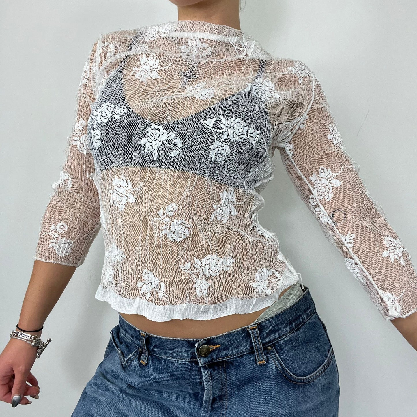 White Mesh Lace 3/4 Sleeve Blouse (M)