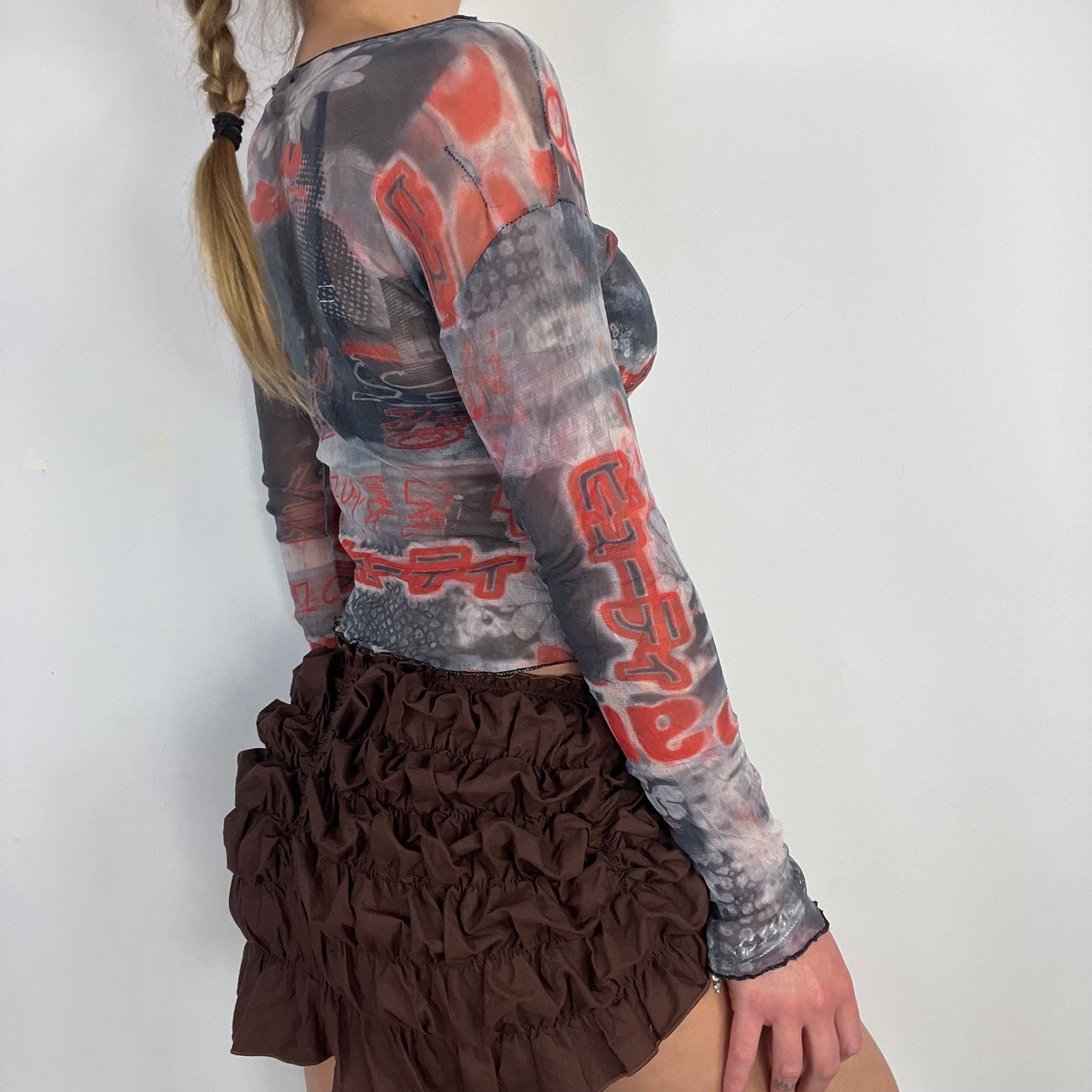 00s grey graphic mesh long sleeve top - Size S