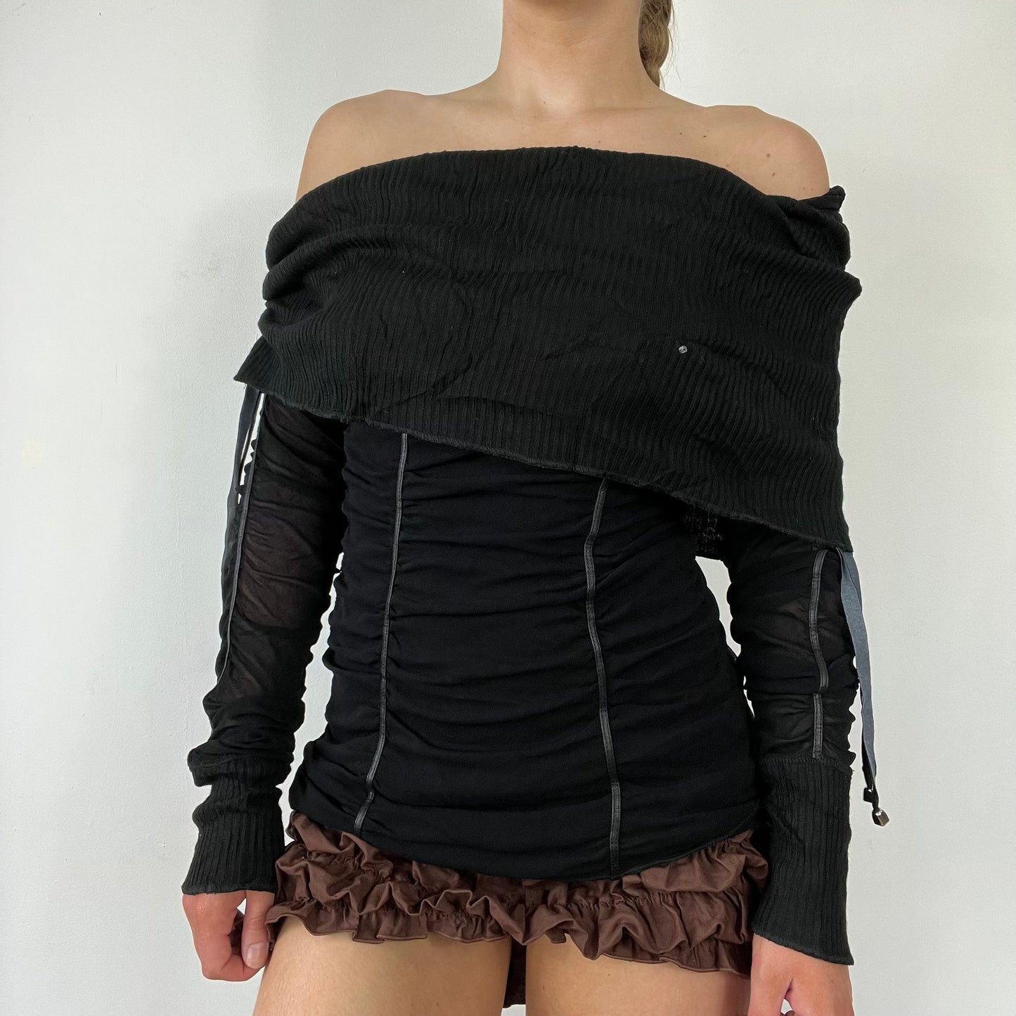 00s knit mesh off the shoulder long sleeve top - Size S