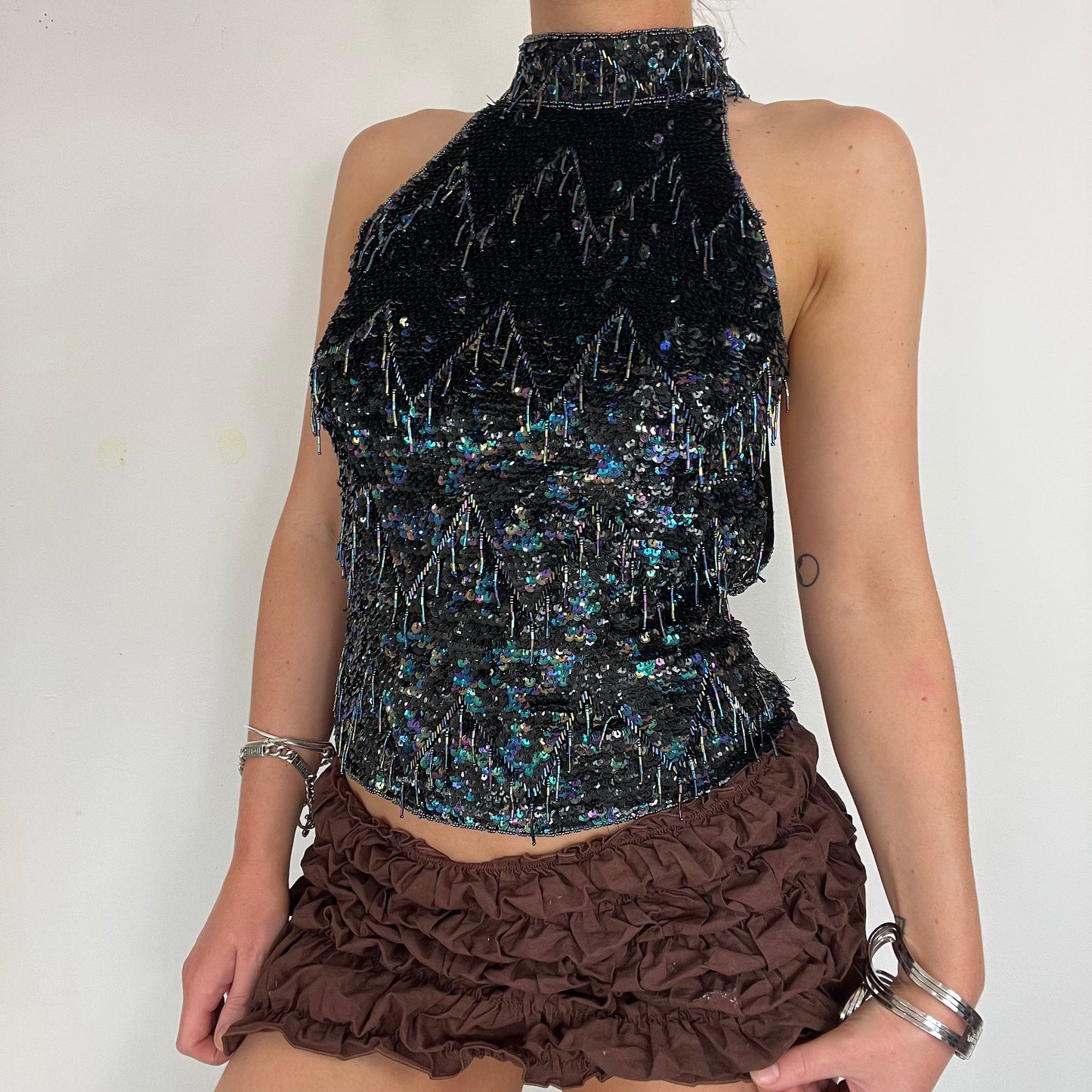 90s vintage sequin backless halter top - Size S