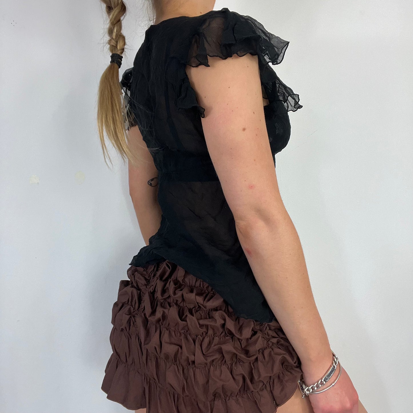 90s black mesh frill top - Size S/M