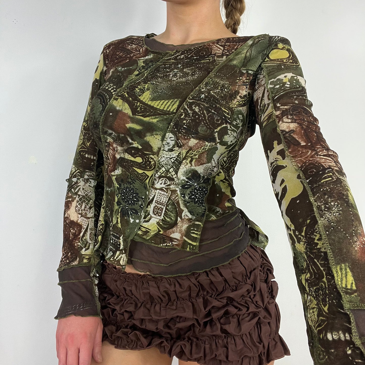 00s graphic print green mesh top - Size S