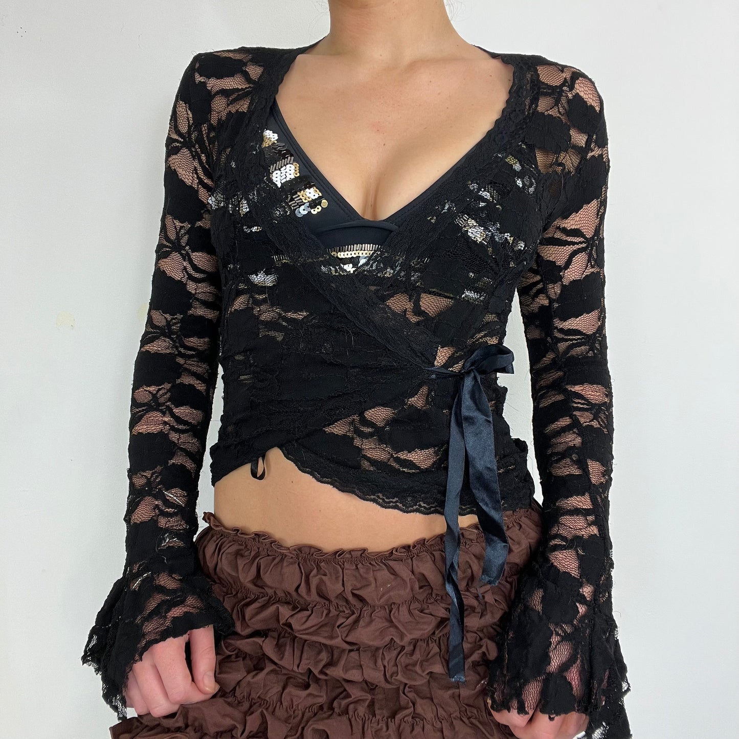 00s vintage lace wrap flare sleeve top - Size S