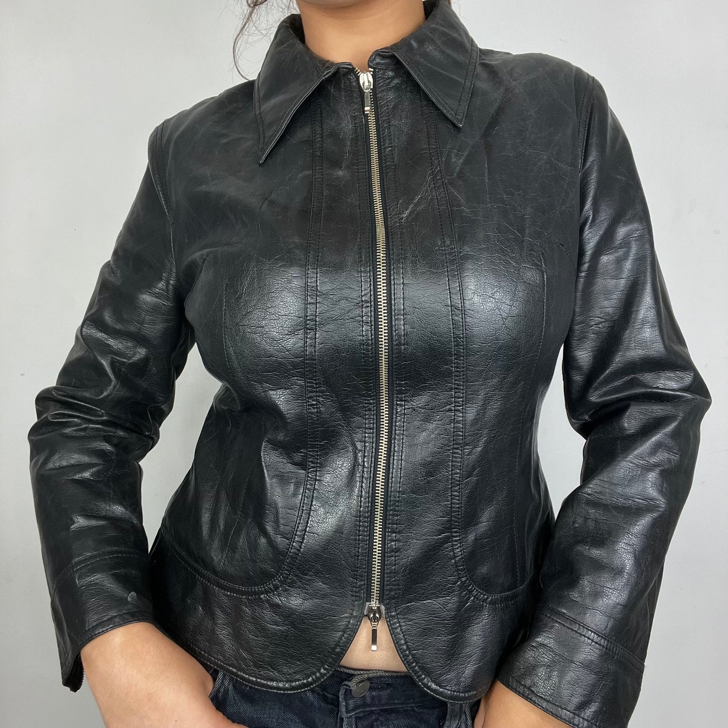 Black Leather Zip Up Jacket (M)