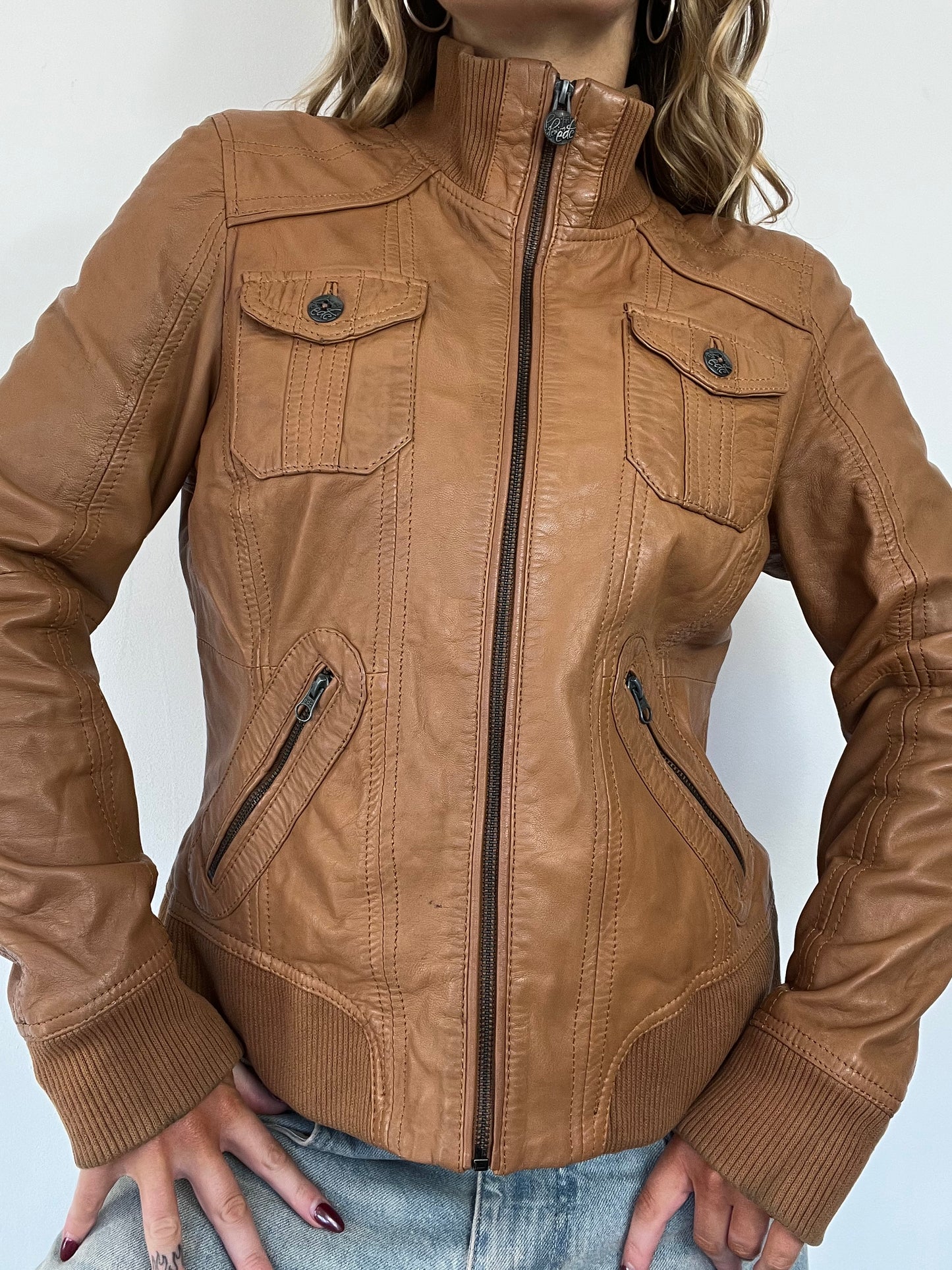 90s brown leather utility real leather jacket - Size M