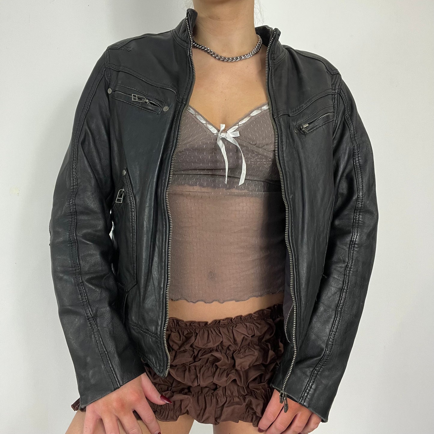90s leather moto zipper jacket - Size M