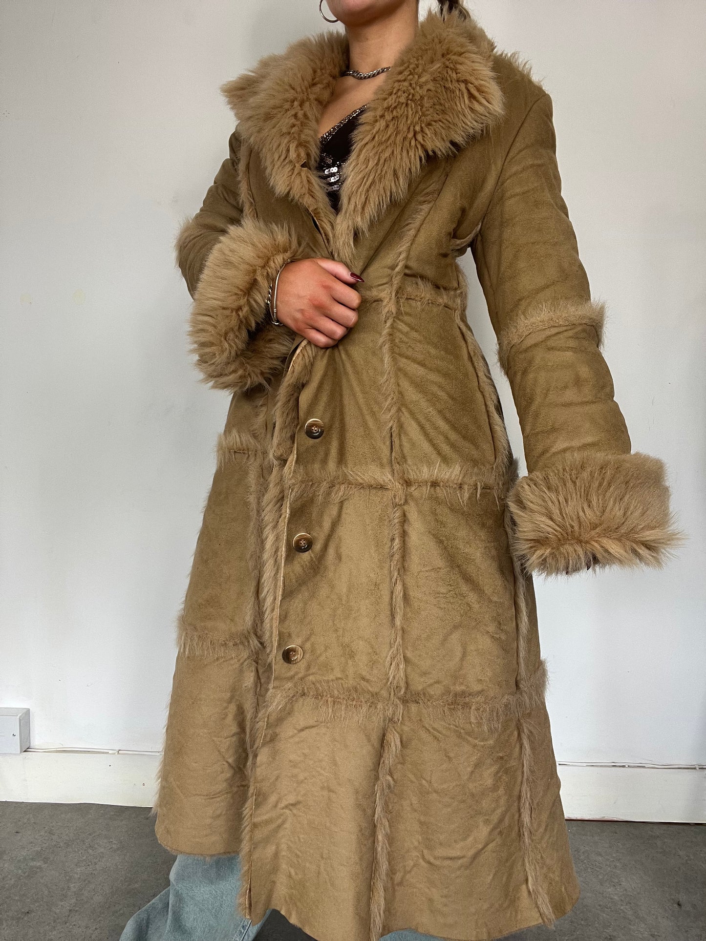 Fur trim beige longline afghan coat - Size M/L