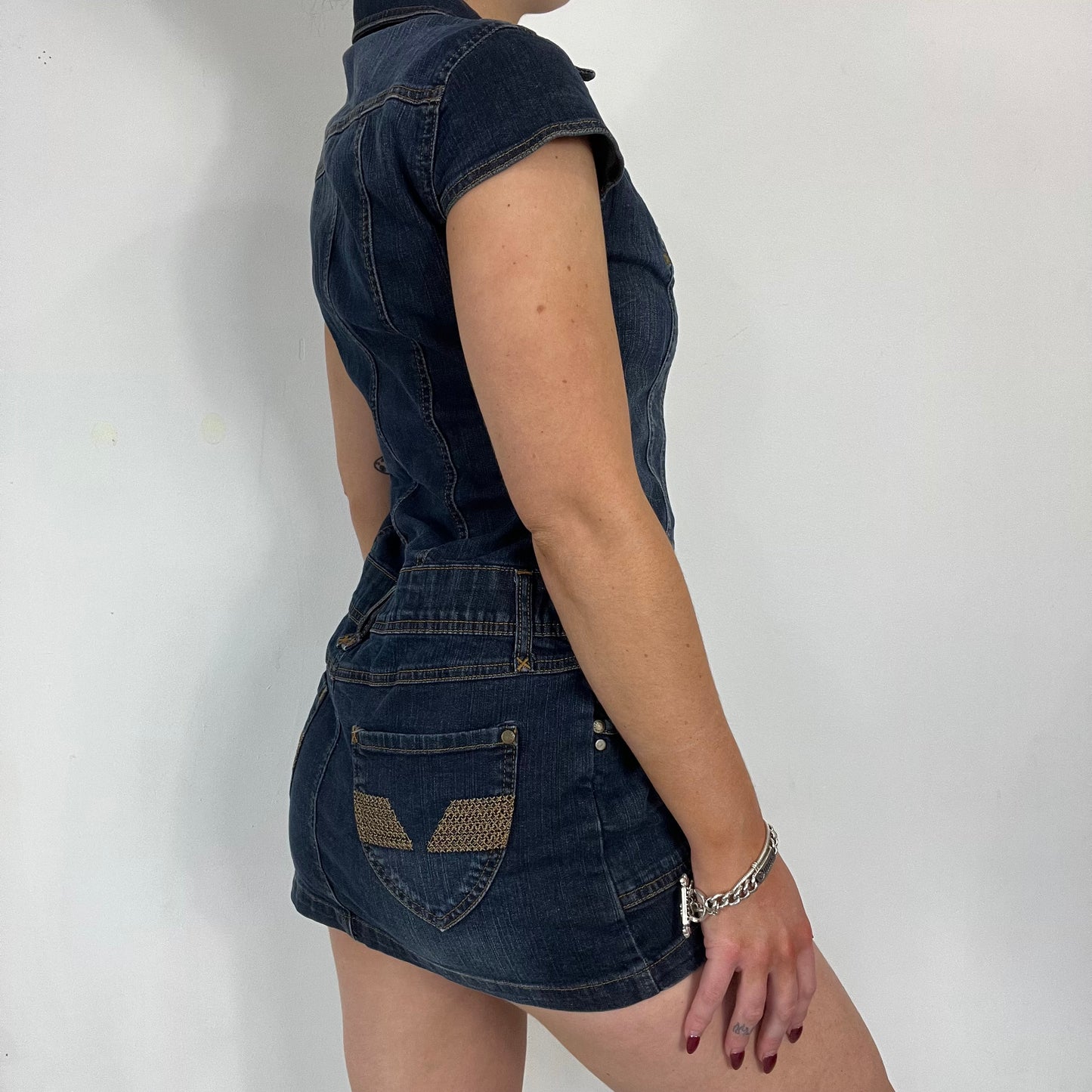 90s dark wash denim mini button up dress - Size S