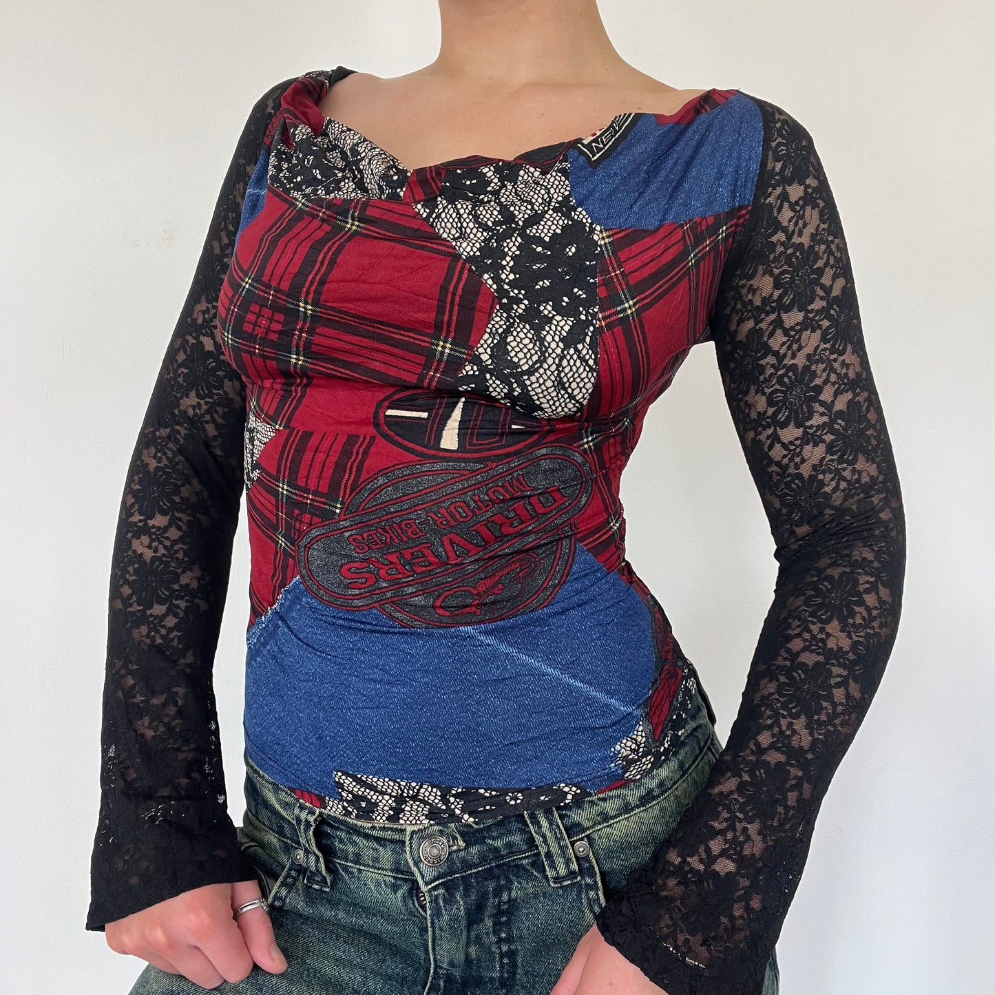 Y2K tartan lace long sleeve top - Size S
