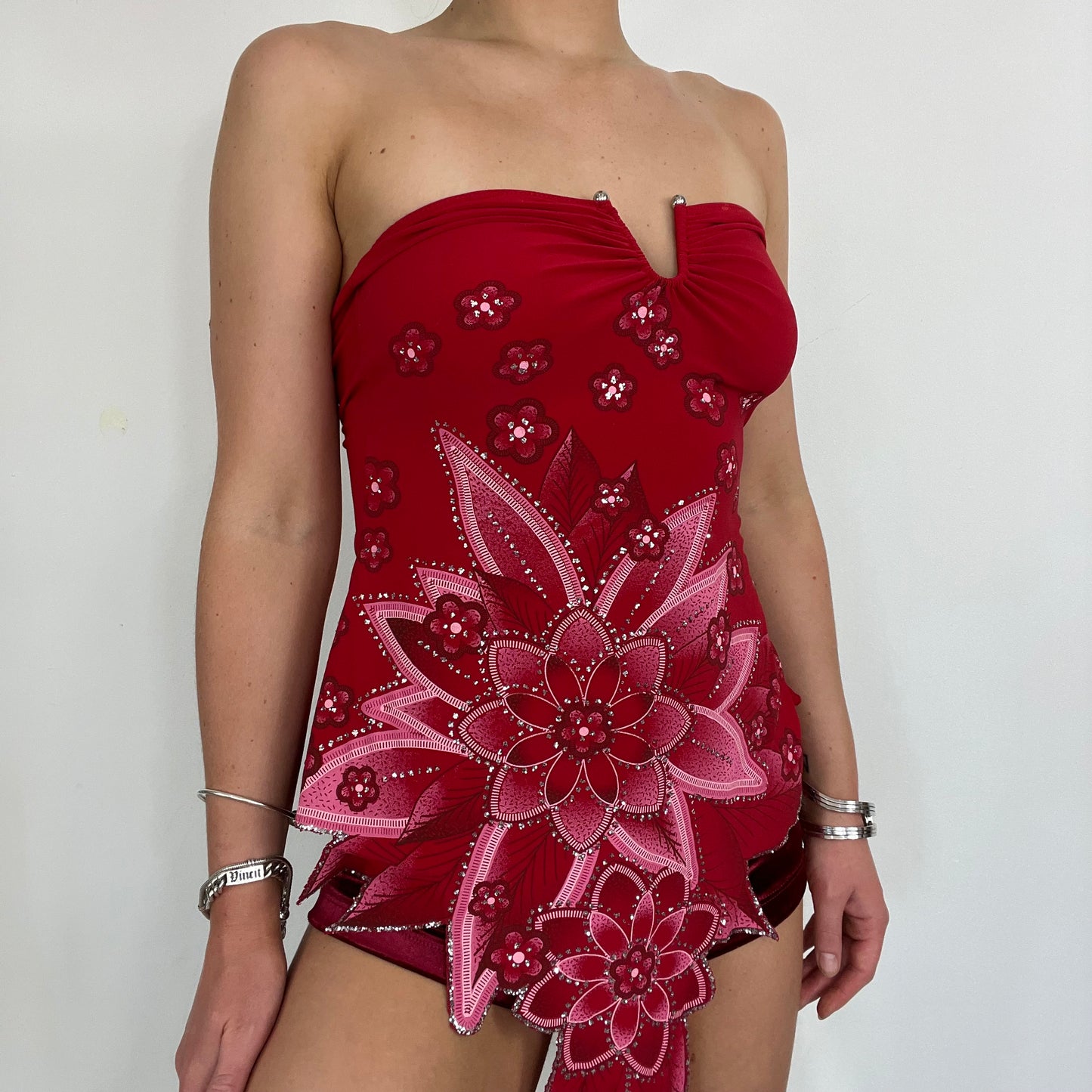 00s vintage red asymmetrical flower print diamonte boob tube