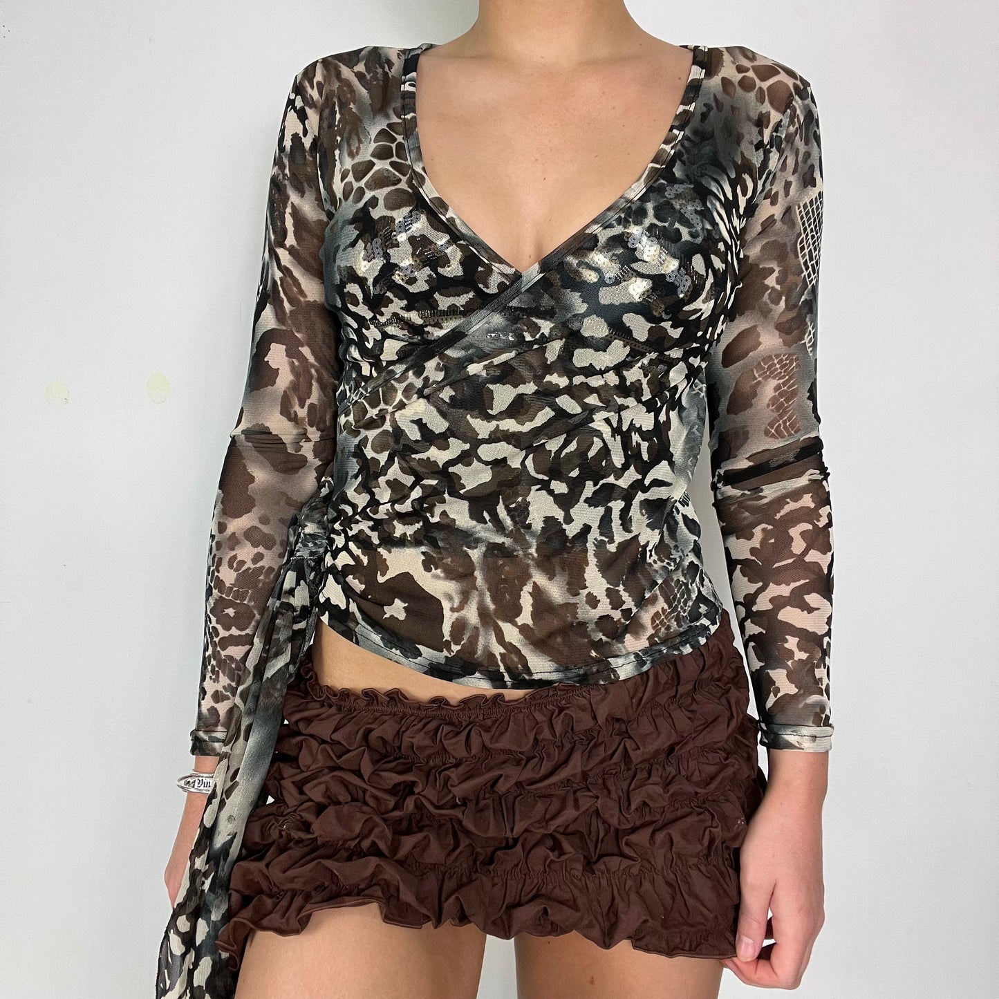 00s vintage leopard mesh wrap top - Size S