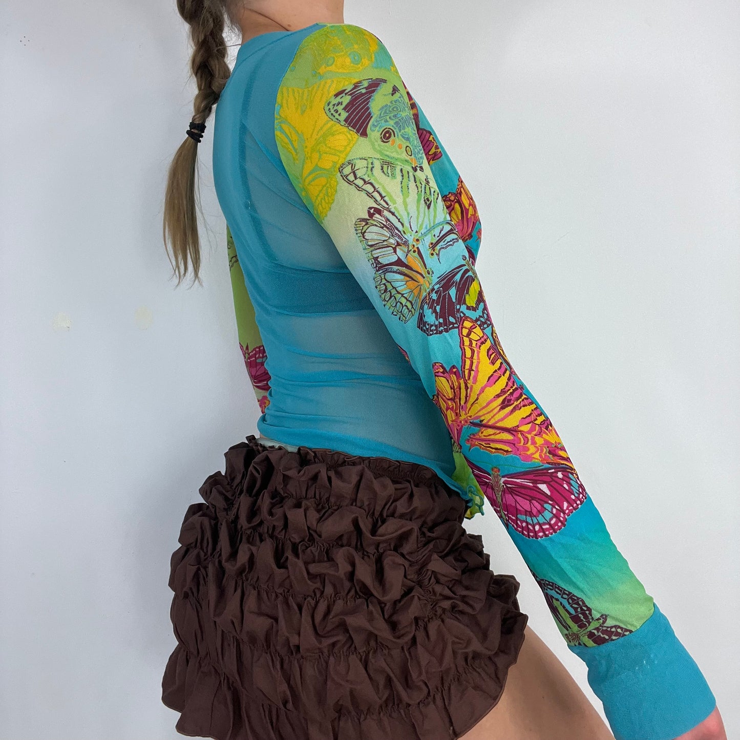 00s blue graphic print wrap print mesh top - Size S