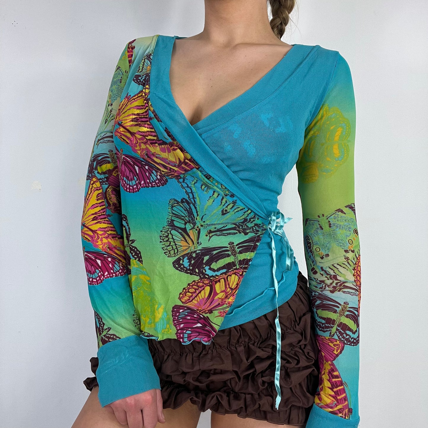 00s blue graphic print wrap print mesh top - Size S