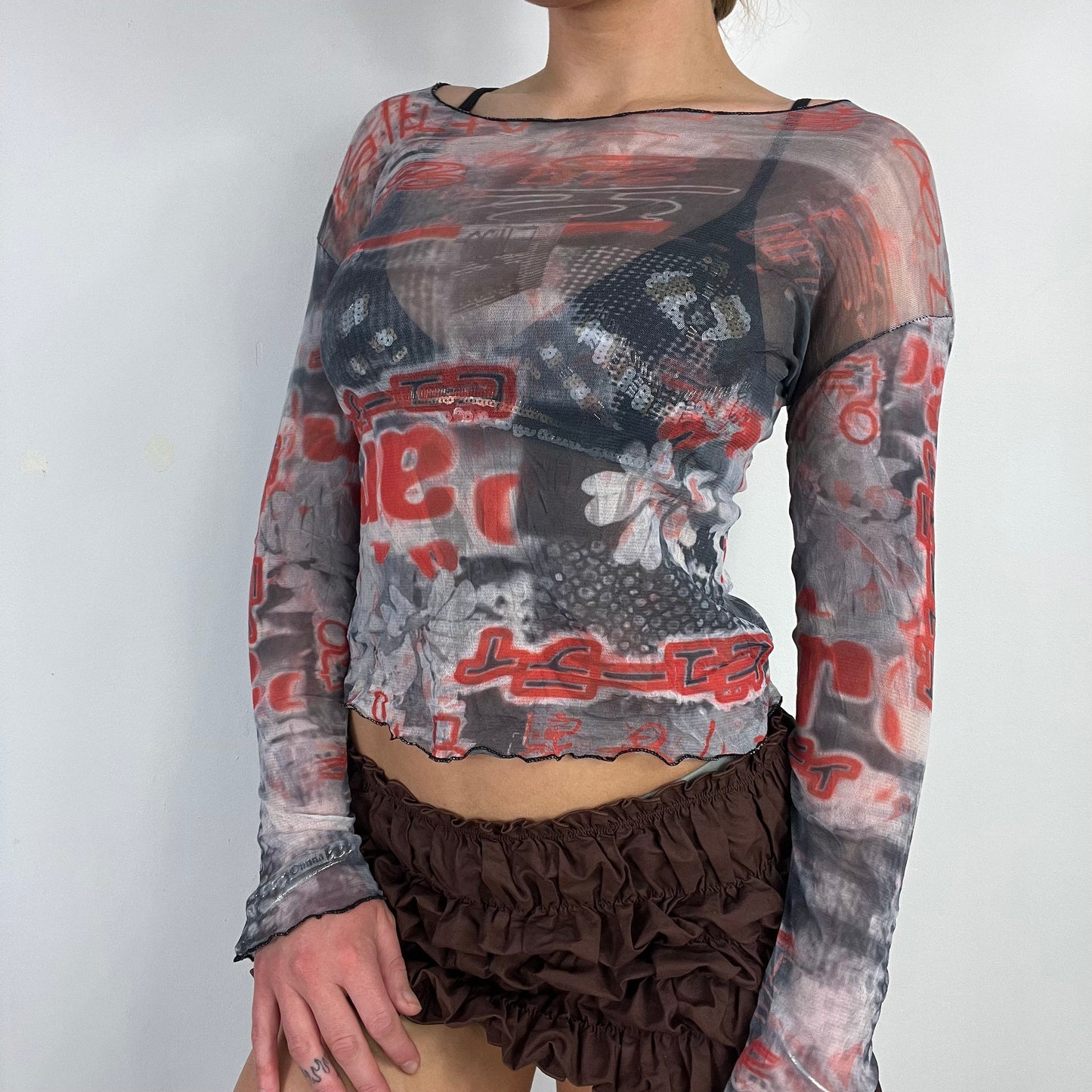 00s grey graphic mesh long sleeve top - Size S