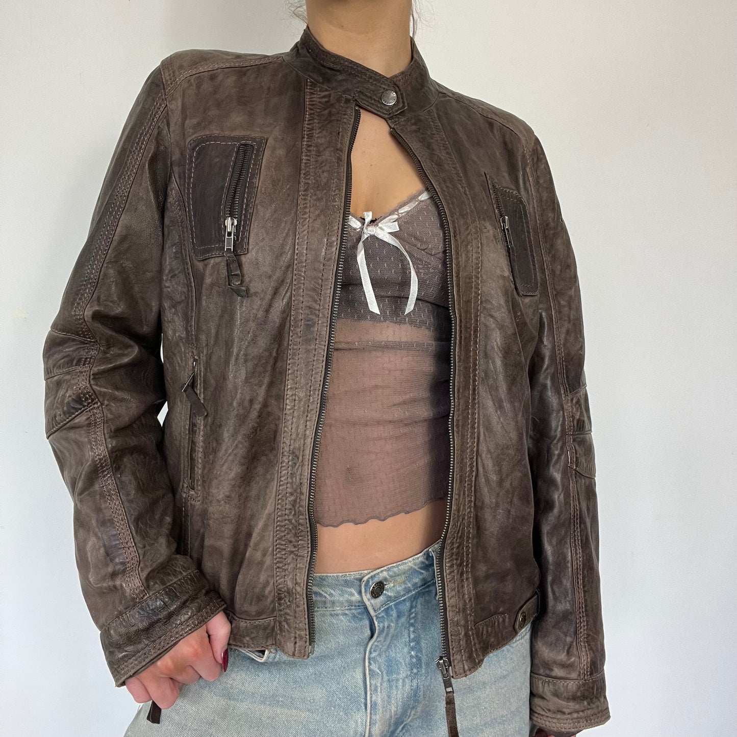 90s brown distressed zipper leather jacket - Size L