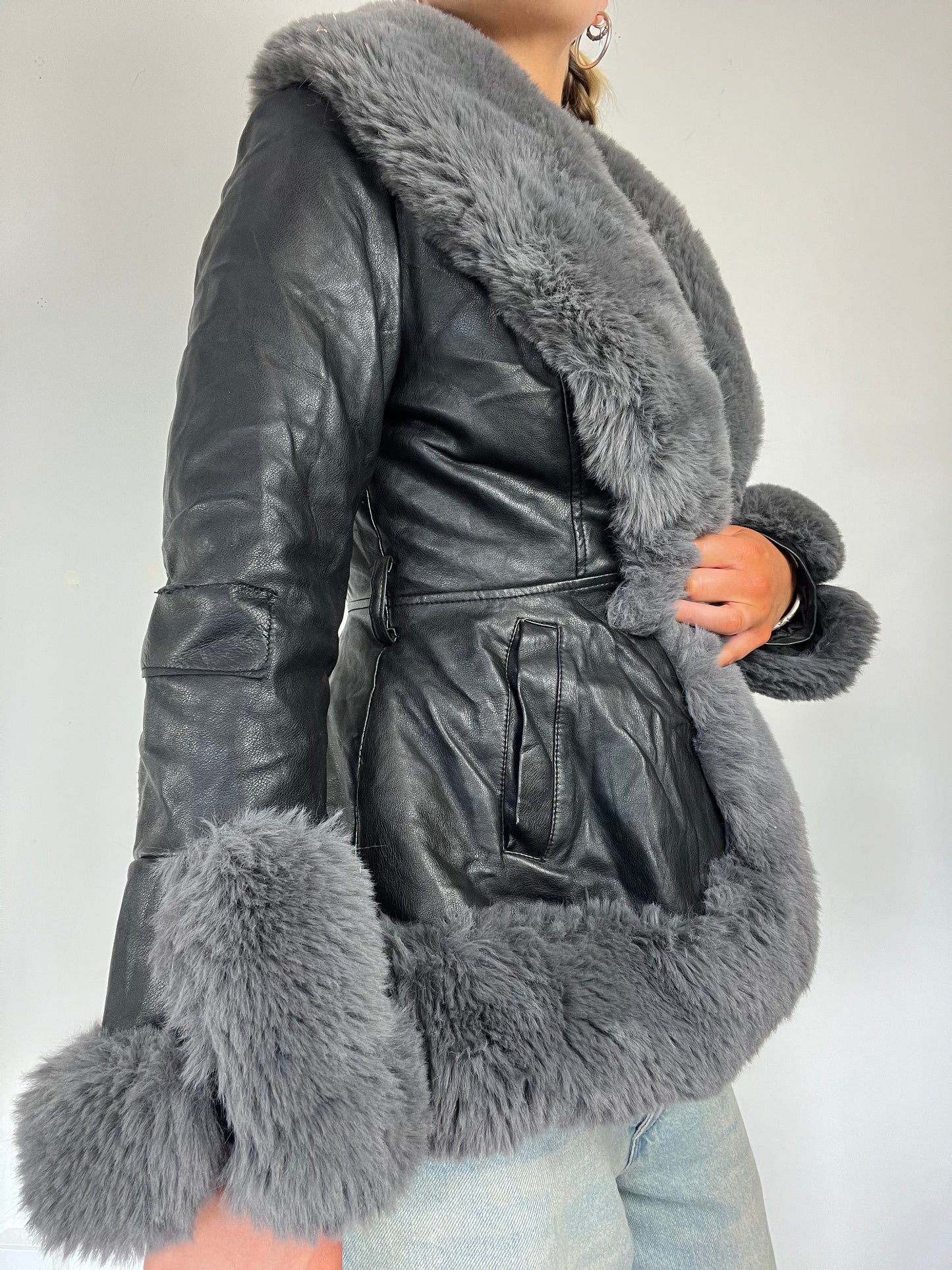 Y2K Afghan Fur Trim Leather Jacket - Size S