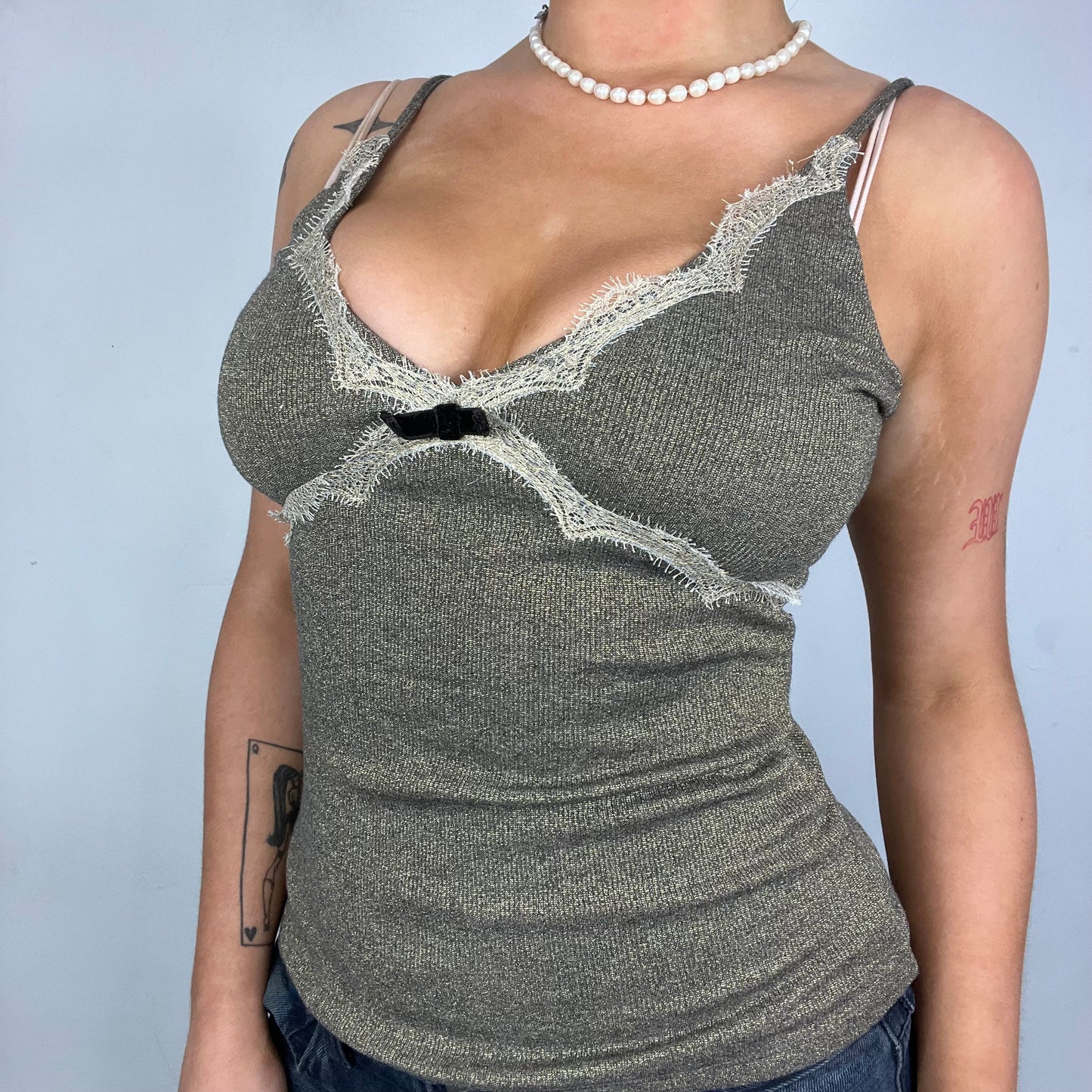 Khaki Shimmer Lace Trim Cami Top (S)