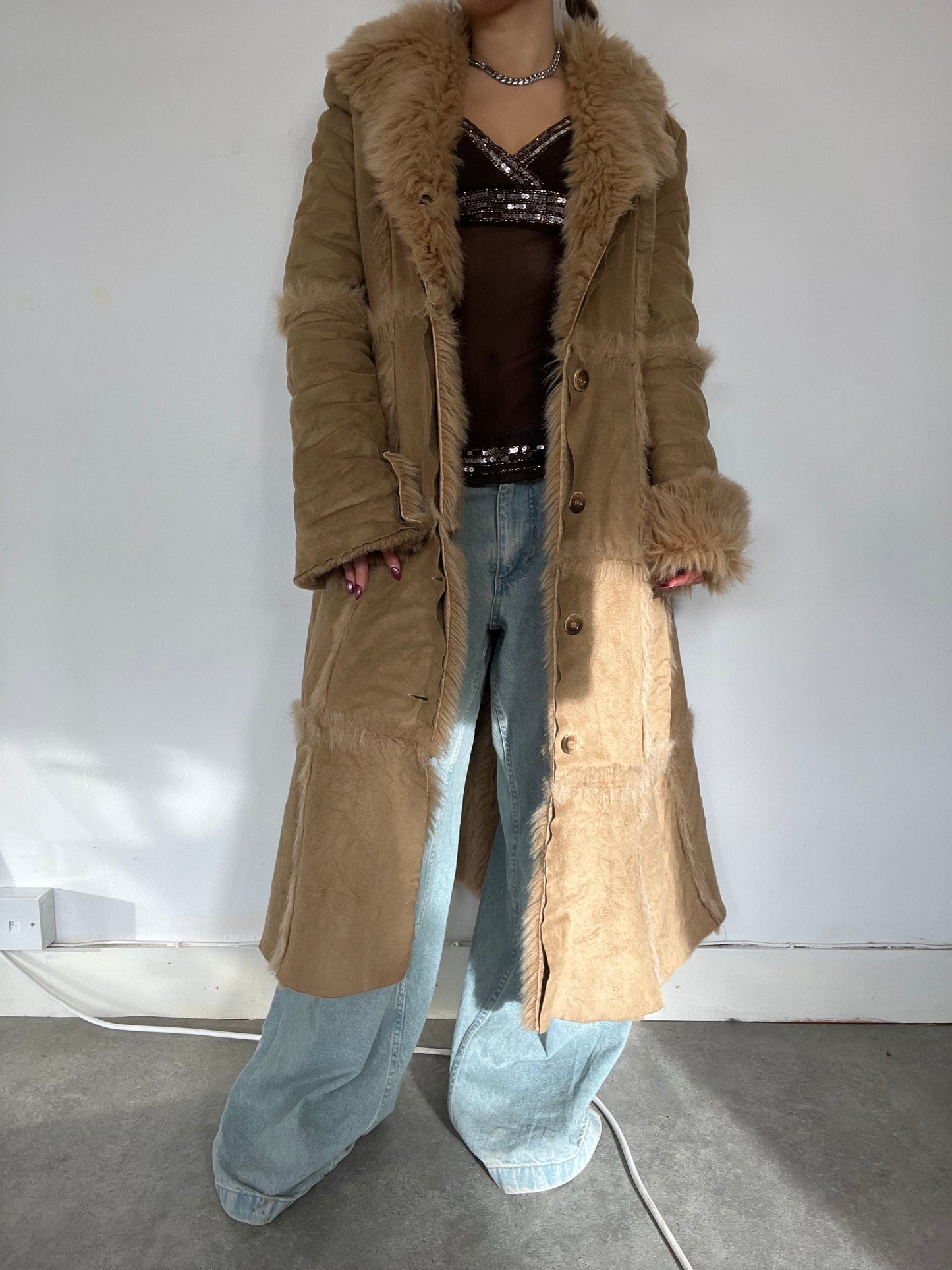 Fur trim beige longline afghan coat - Size M/L