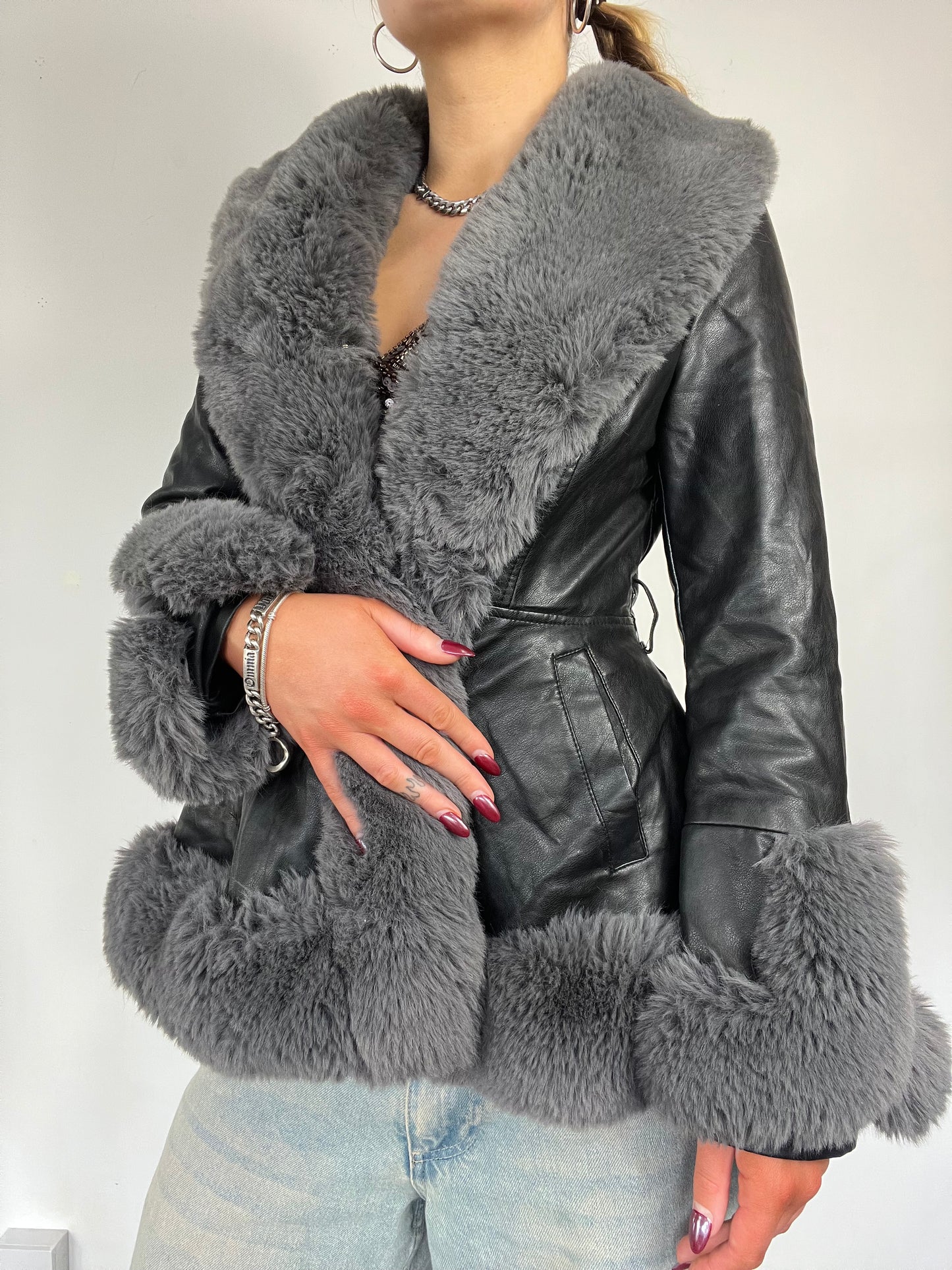 Y2K Afghan Fur Trim Leather Jacket - Size S