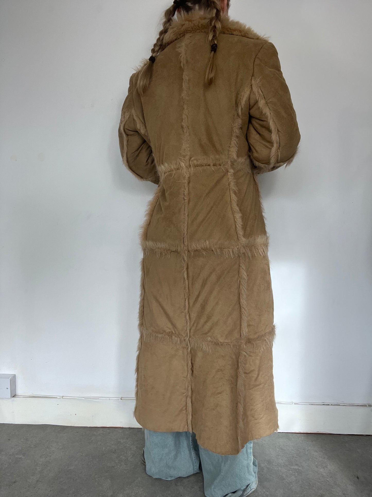 Fur trim beige longline afghan coat - Size M/L
