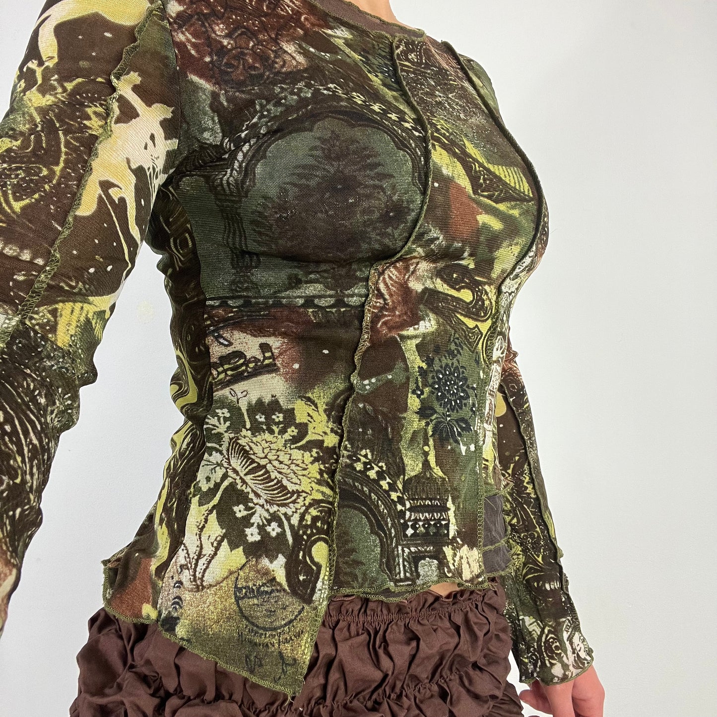 00s graphic print green mesh top - Size S