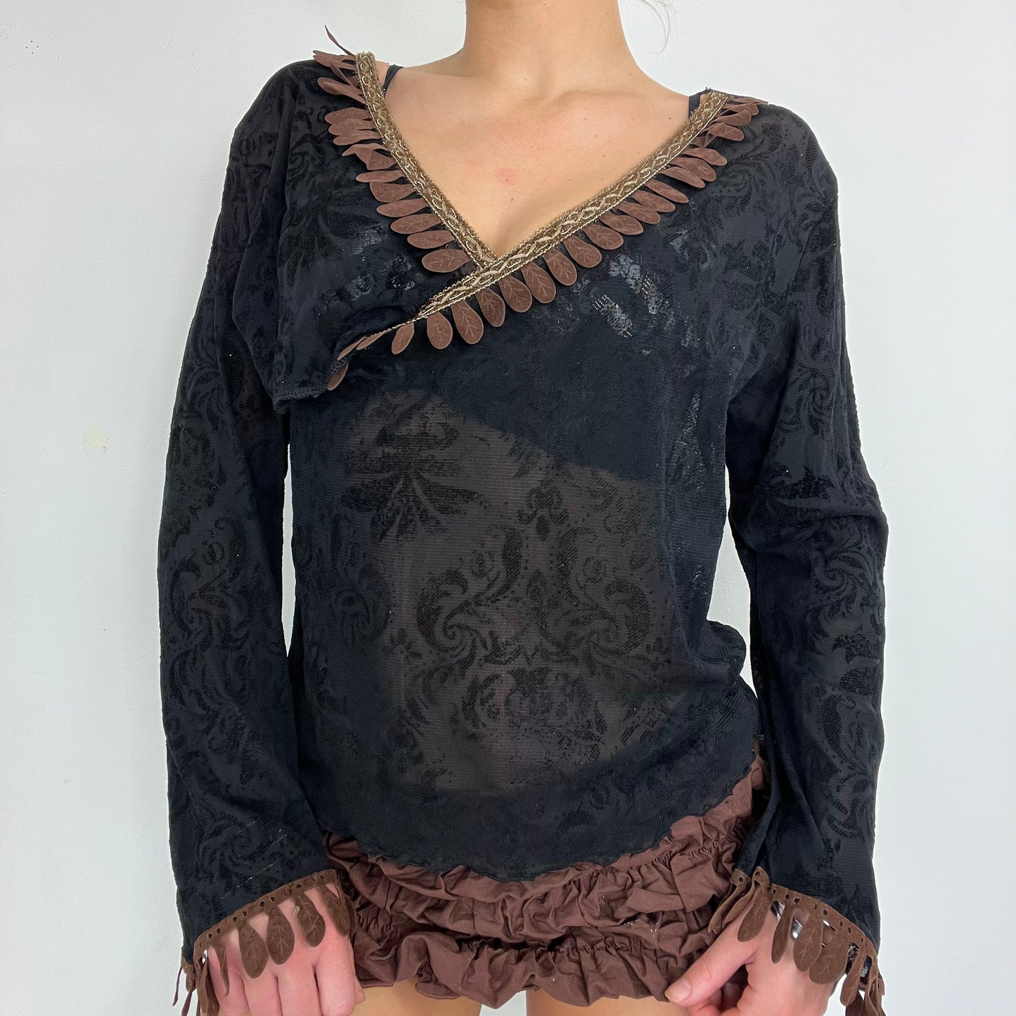 00s vintage mesh boho wrap long sleeve flare - Size M