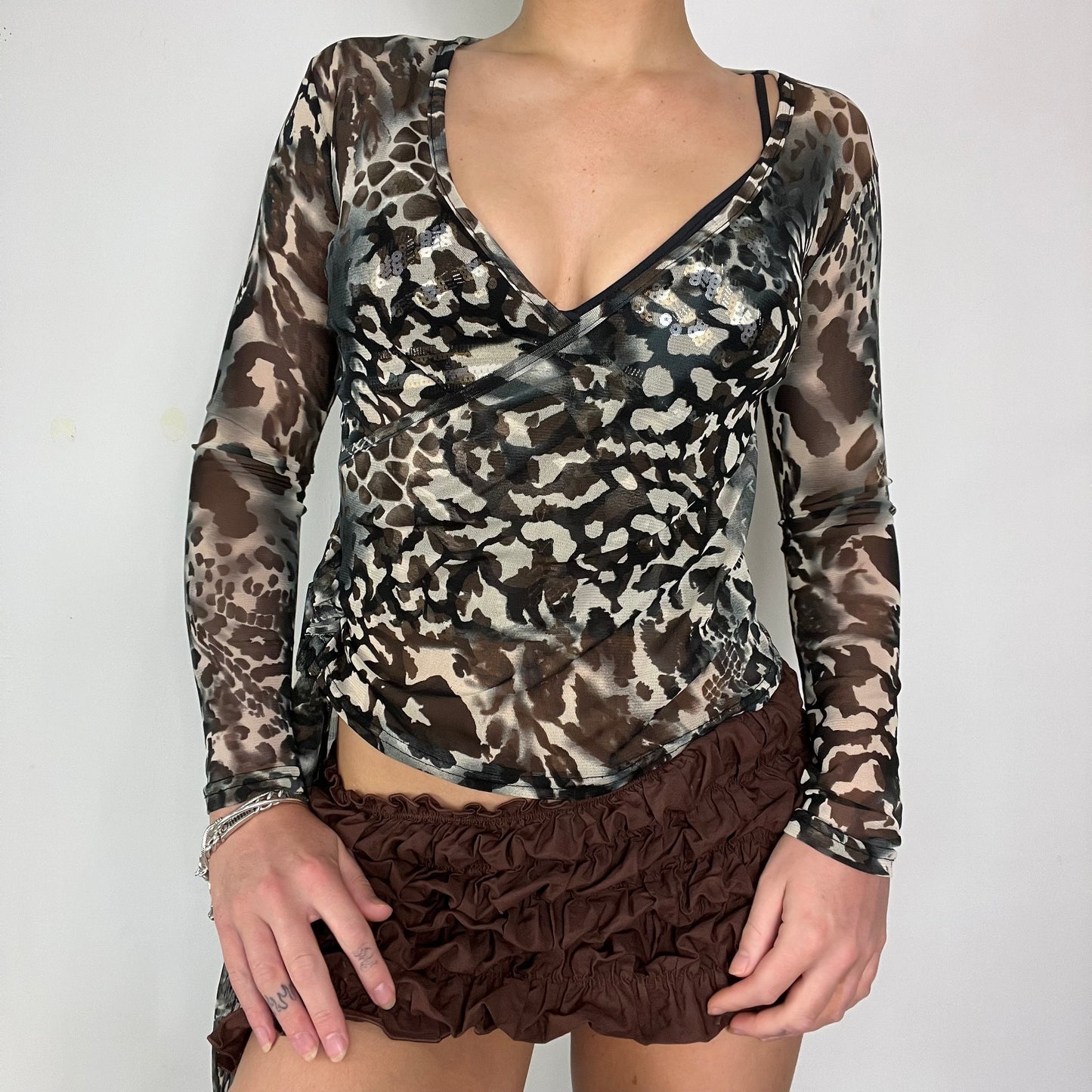 00s vintage leopard mesh wrap top - Size S