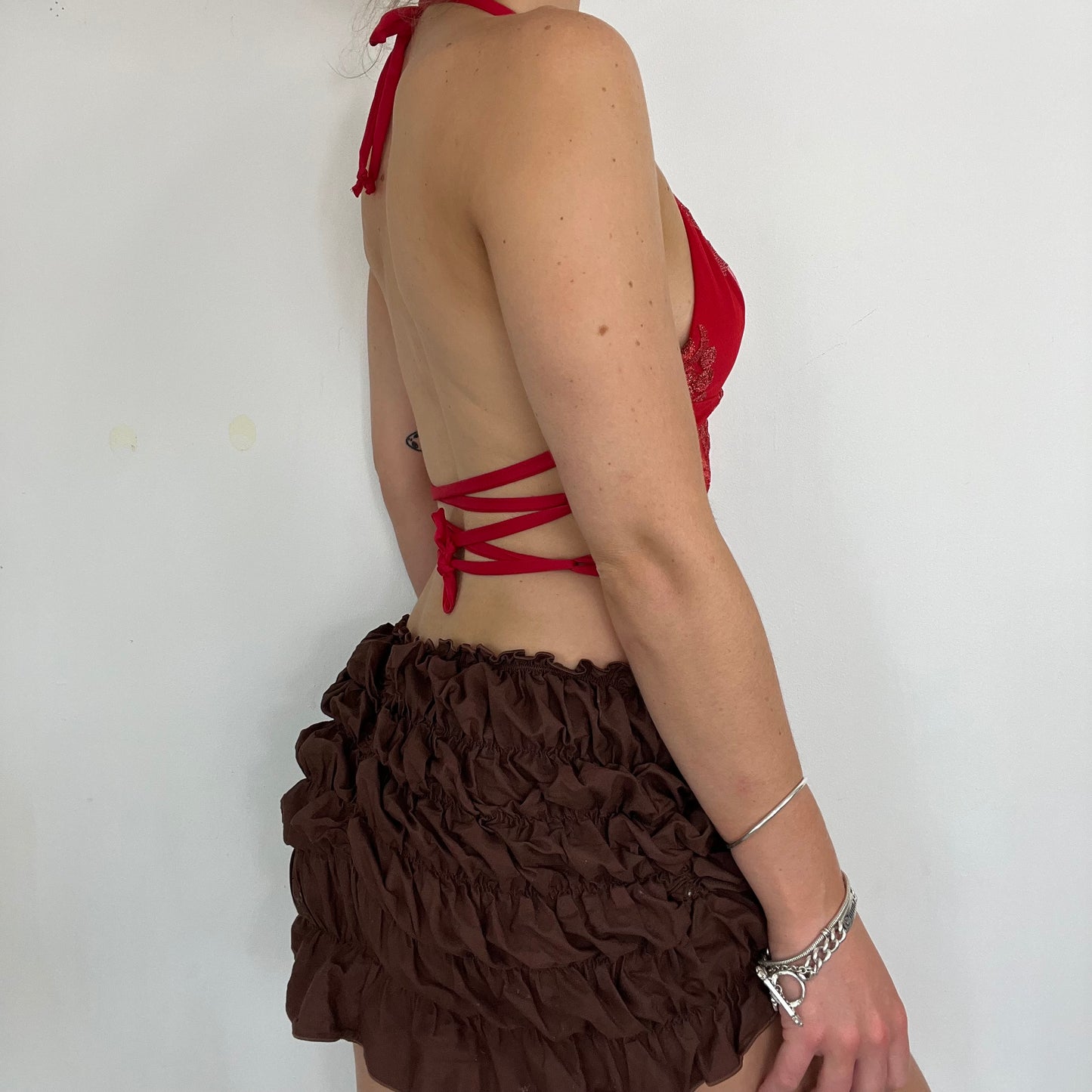 Deadstock embroidered halter lace up back - Size S