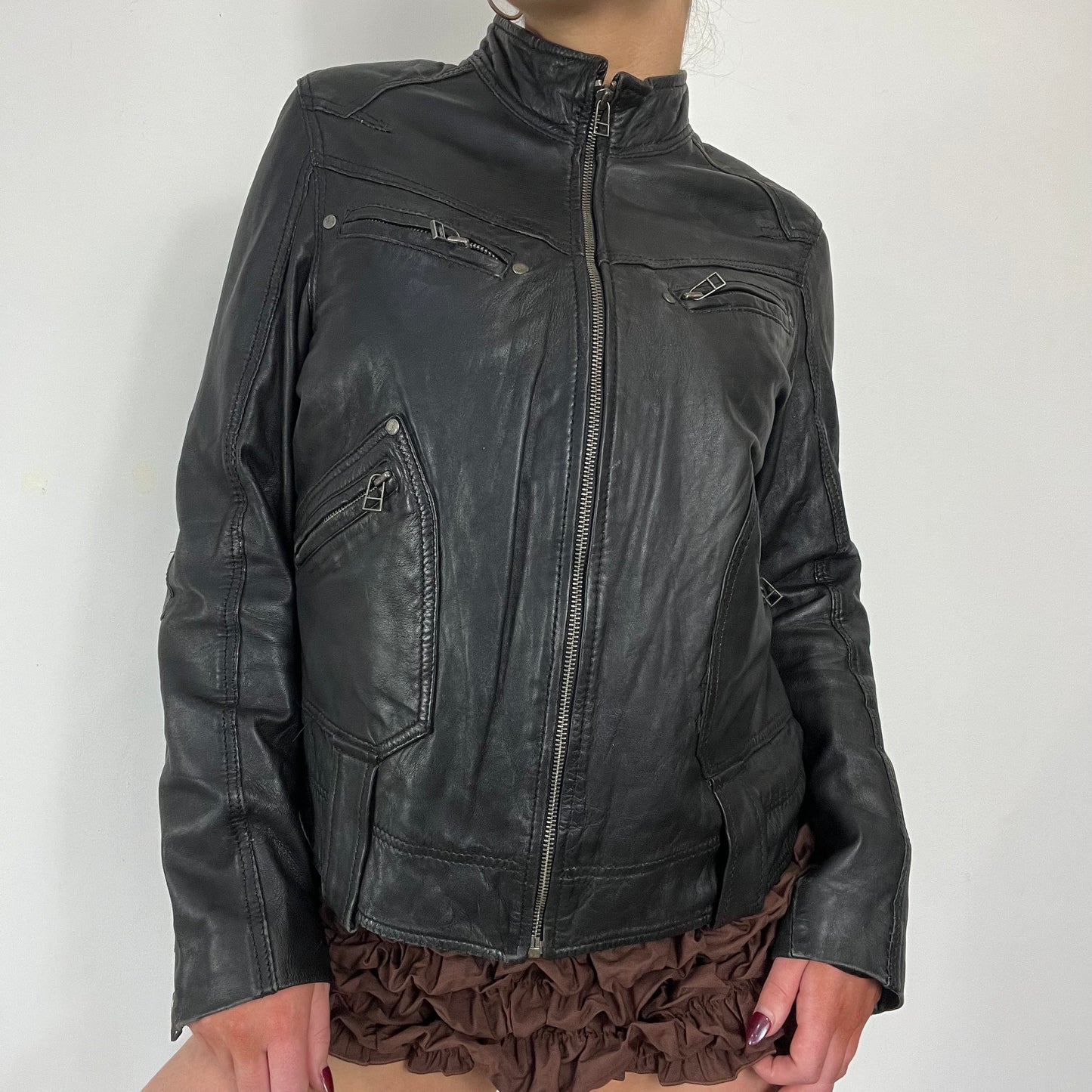 90s leather moto zipper jacket - Size M