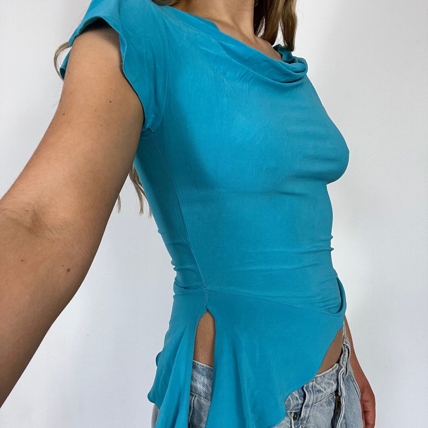 00s blue asymmetric off the shoulder top - Size S